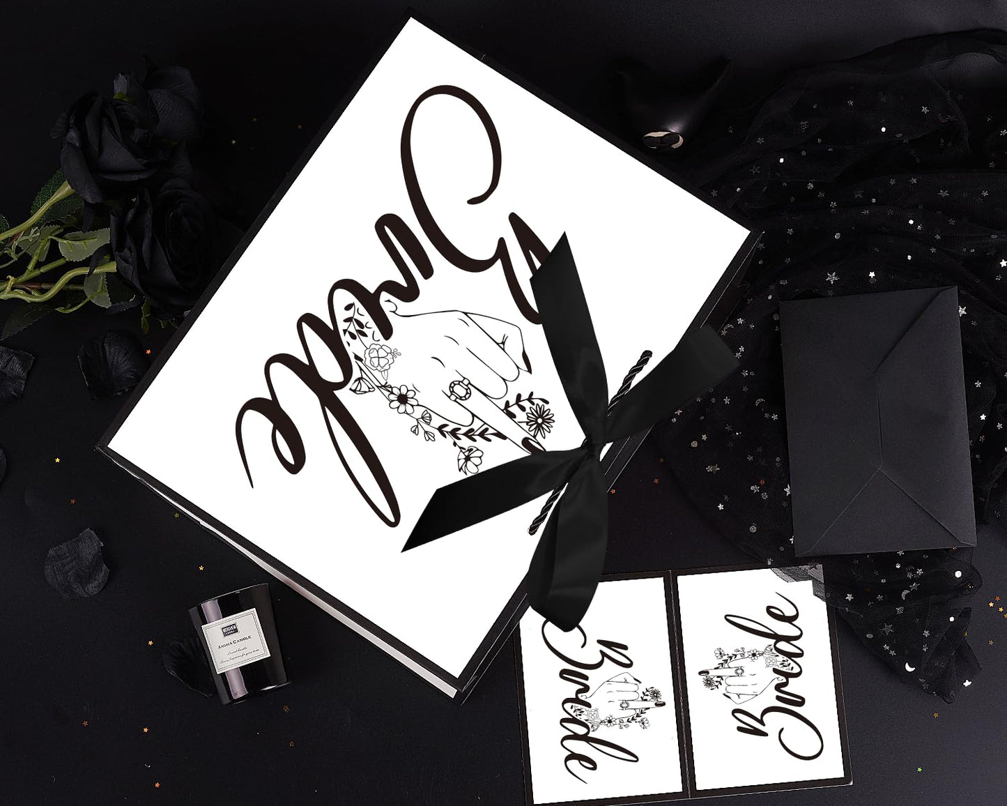 Jaywayang 12.6" White and Black Bridal Shower Gift Bag with Ribbon and Tissue Paper, Wedding Gift Bags with Card, Gift ideas for Bachelorette Party, Engagement, Anniversary.