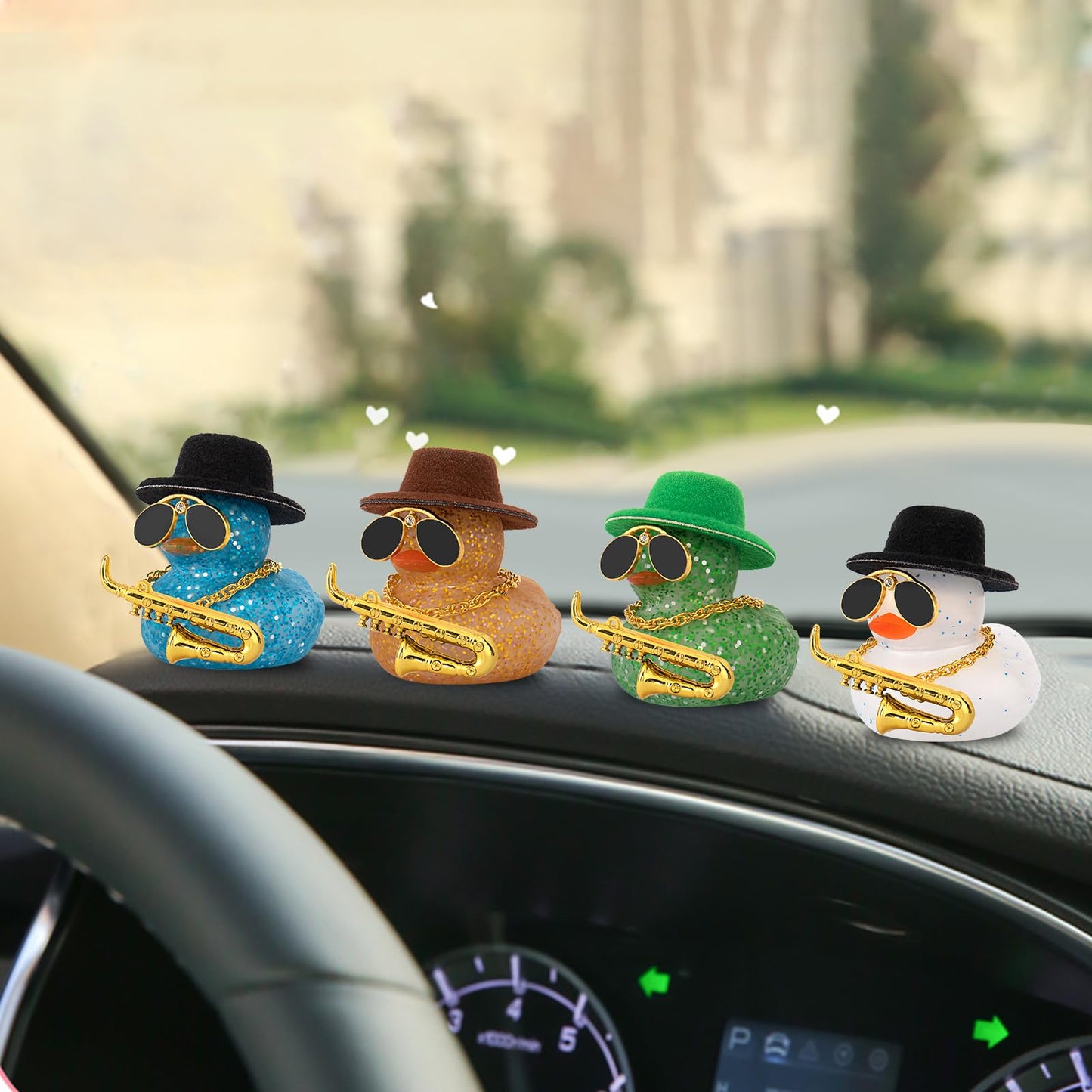 wonuu Car Dashboard Ducks, Saxophone Decor Rubber Duck Car Ornaments with Mini Top Hat Necklace Sunglasses (Light Blue)