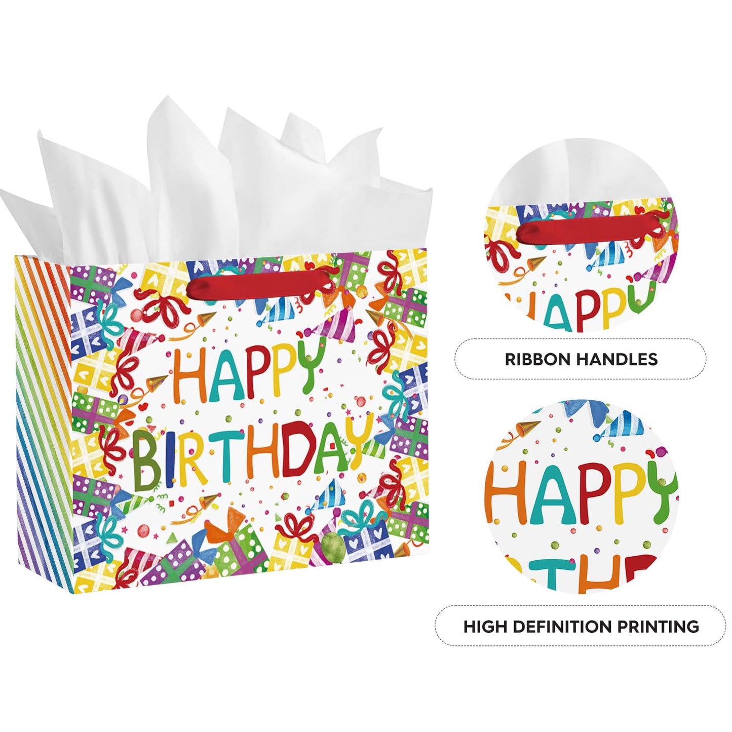 Horaldaily 13" Large Birthday Gift Paper Bags with Tissue Paper and Card, Happy Birthday Ballons Gift Paper Bag for Men Women Kids Birthday,1Pcs