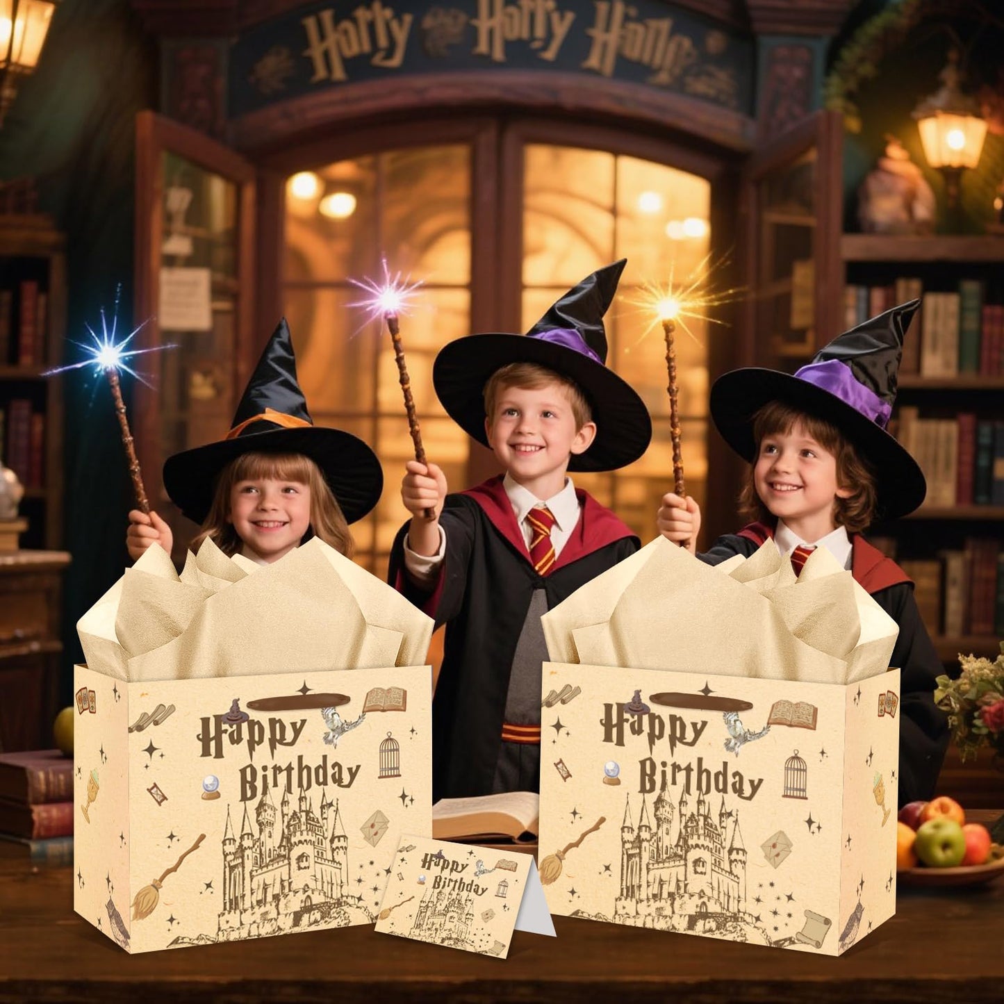 EIGHTSTATES Wizard Happy Birthday Gift Bag - Castle Birthday Party Favors with Greeting Card & Tissue Paper Envelope for Boys/Girls - Halloween Bday Decor for Wizard Parties, Baby Showers