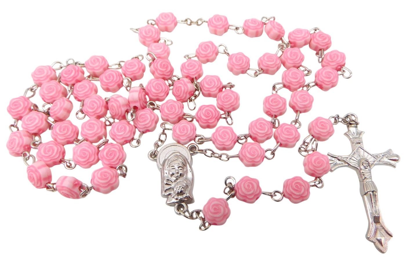 Westmon Works First Communion Rosary Set for Girls with Pink Rose Shaped Bead Case and Holy Card
