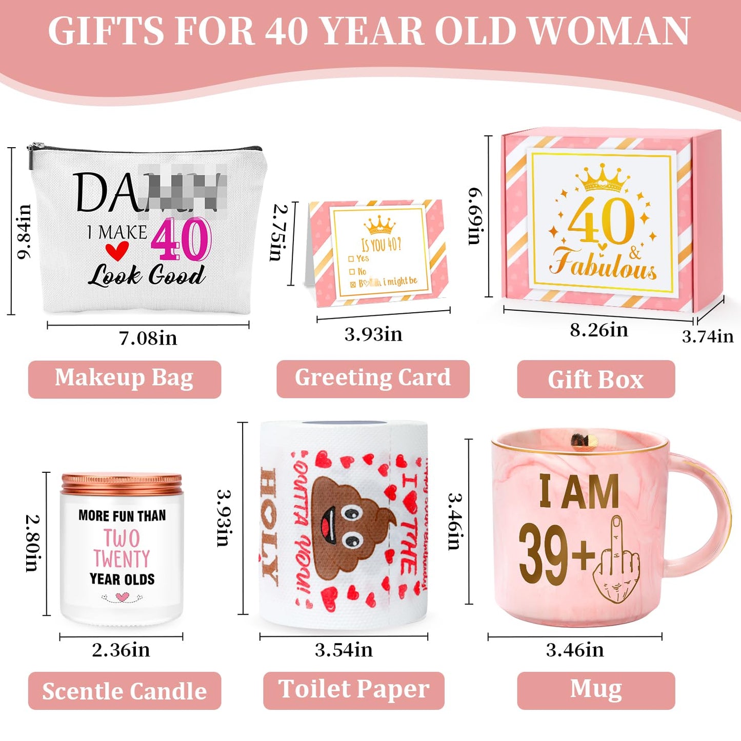 Pradnel 40th Birthday Gifts Women Funny 40 Year Old Birthday Gifts for Women 40 and Fabulous Decorations 40th Bday Gift Ideas for Woman 40s Her Best Friend - Coffee Mug Card Makeup Bag Toilet Paper