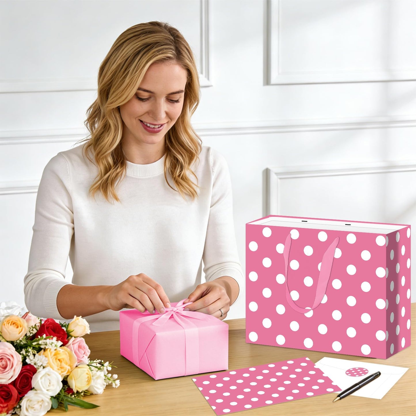 Allparty 11.8" Pink Polka Dot Gift Bag Set - Cartoon Mouse Design with Wrapping Paper, Card, Envelope & Stickers - Girls Birthday Baby Shower Party Favor Supplies