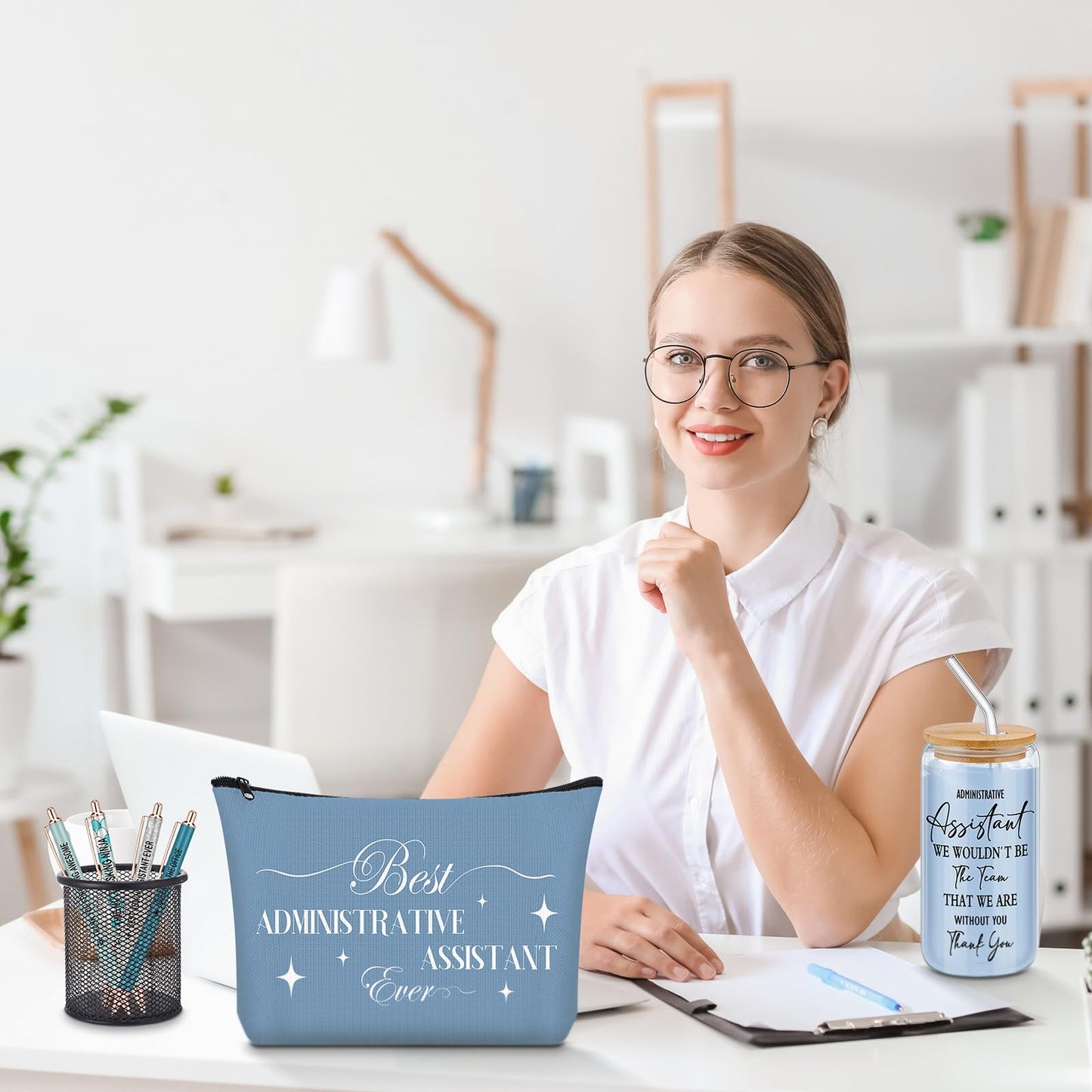 Skylety 7 Pcs Administrative Assistant Gifts Set 16oz Glass Tumbler Makeup Bag Ballpoint Pens Notebook Admin Professional Day Secretary Thank You Gift for Women Lady Coworkers Office