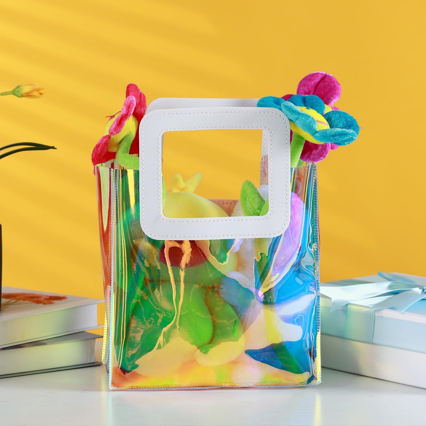 GcFoir Small Iridescent Gift Bags with Handles,15 Pcs 8.3''x8''x4'' Holographic Bachelorette Party Favor Bags, Clear Gift Bags with Handles, Reusable PVC Tote Goodie Bags for Shopping, Baby Showers