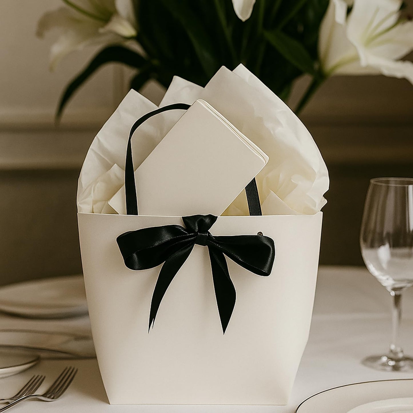 HUIYOULAI Classic White Small Gift Bag Set with Card, Tissue Paper & Ribbon Tie - 11x8x4 Premium Paper Bag for Birthday, Wedding, Bridal Shower, Luxe Favors