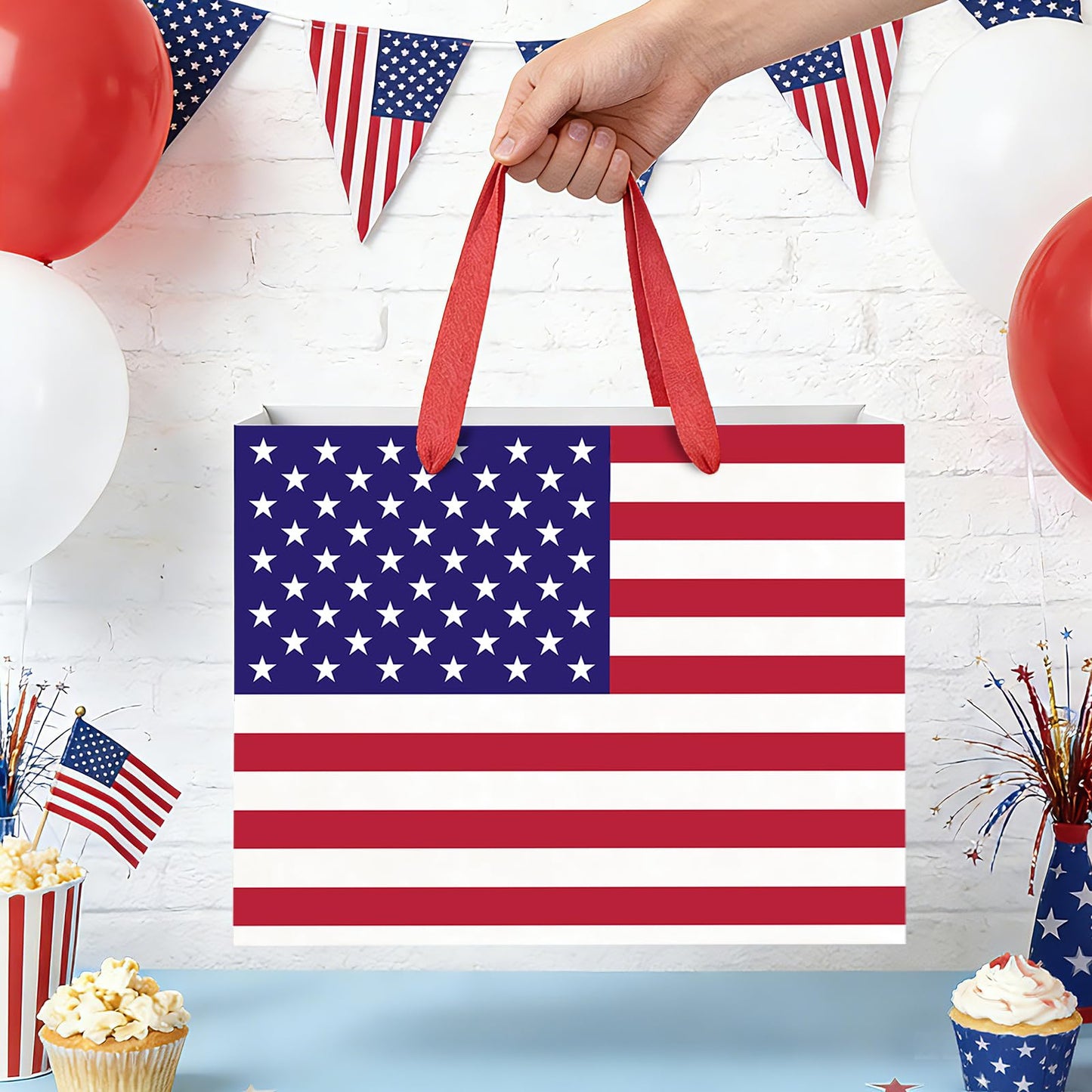 WRAPAHOLIC 13" Large USA Flag Patriotic Gift Bag with Tissue Paper - American Flags 4th of July Gift Bags for Independence Day, Memorial Day and Patriotic Shower