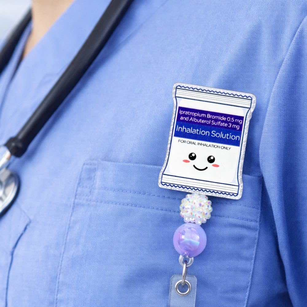 Inhalation Solution Badge Reel Cute Funny Smiley ID Name Holder with Retractable Clip Inhaler Oxygen ICU Pharmacy Accessories Gift for Respiratory Therapists RT Pulmonologists Nurses RN ER Workers