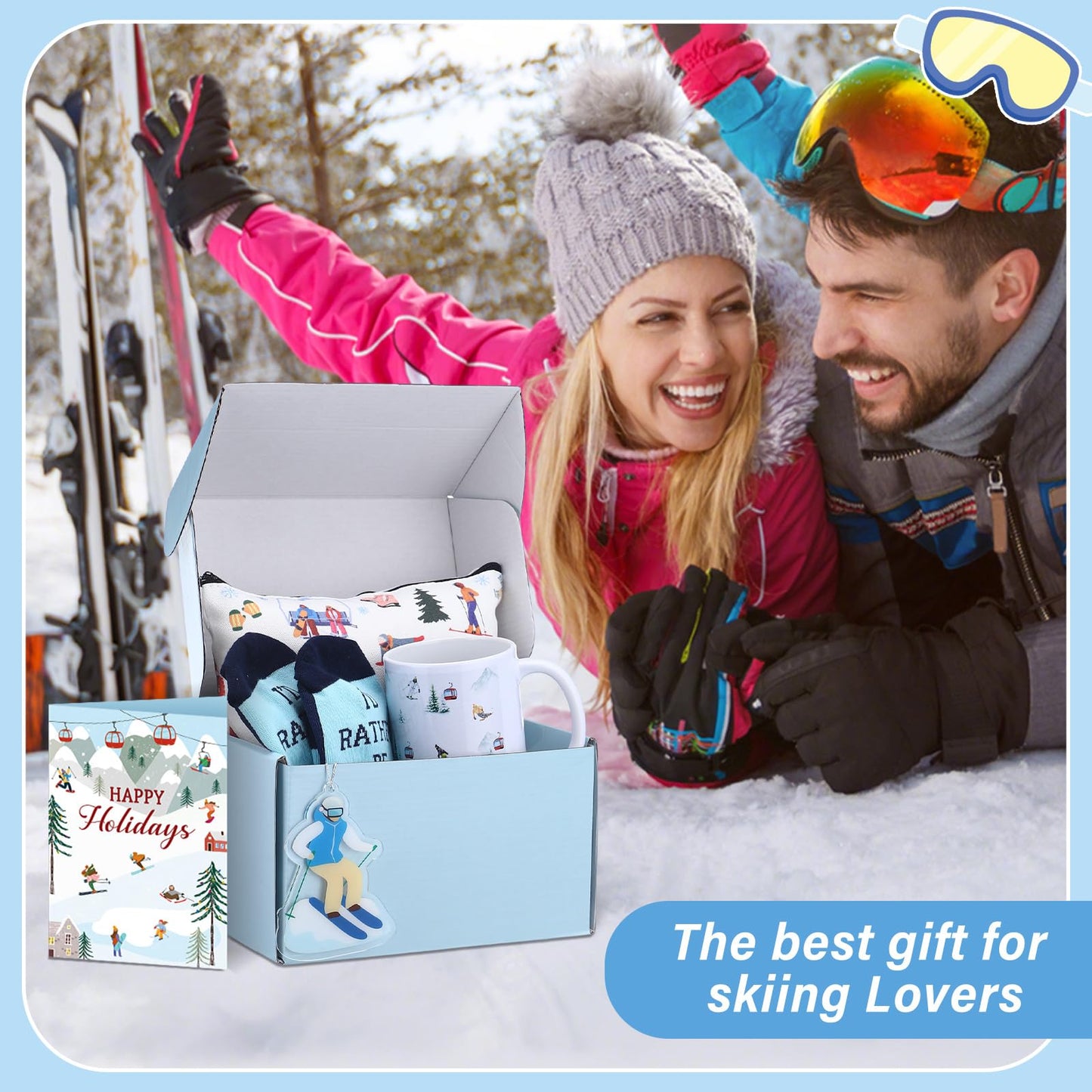 Potchen 6 Pcs Ski Gifts Set Winter Skiing Ceramic Mug, Socks for Skiers, Makeup Bag, Card, Acrylic Christmas Ornament and Box Skiing Accessories for Ski Lovers Women Men Snowboarder