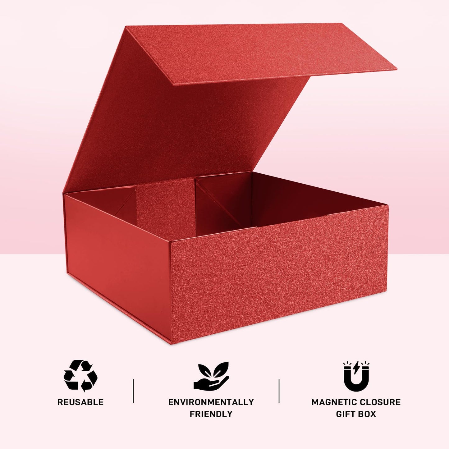 LumyHavver Gift Box 9.65x9.65x3.6 Inches, Red with Magnetic Lid, Collapsible with Ribbon, Raffia Grass, Card, for Birthdays, Christmas, or Parties, Gift Packaging