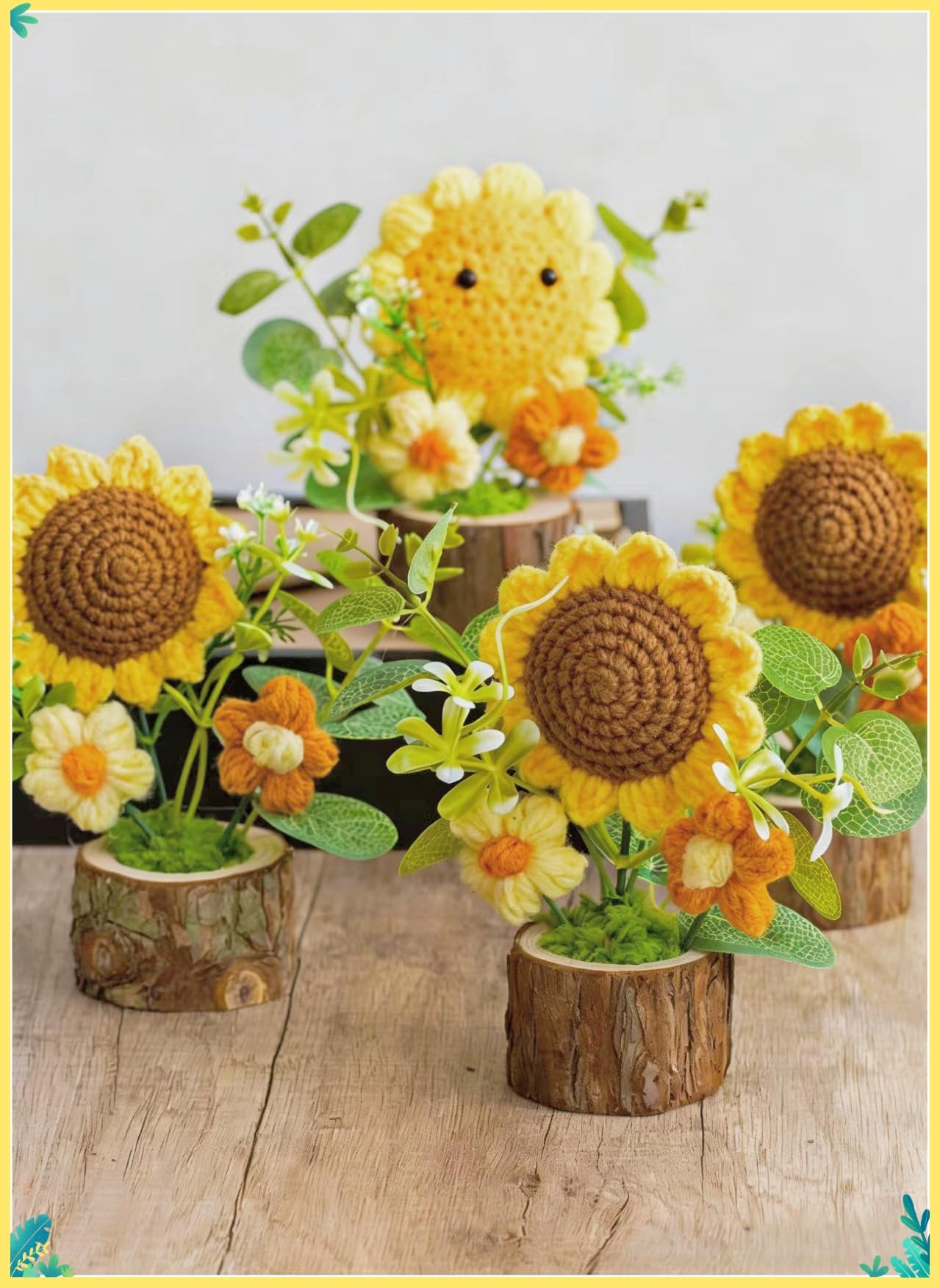 Handmade Knitted Sunflower Potted Plant - Boho Home Decor for Desk Office Car Dashboard Cute Crochet Sunflower Artificial Flower Decor Inspirational Gift for Women Mom Wife Sister Teacher