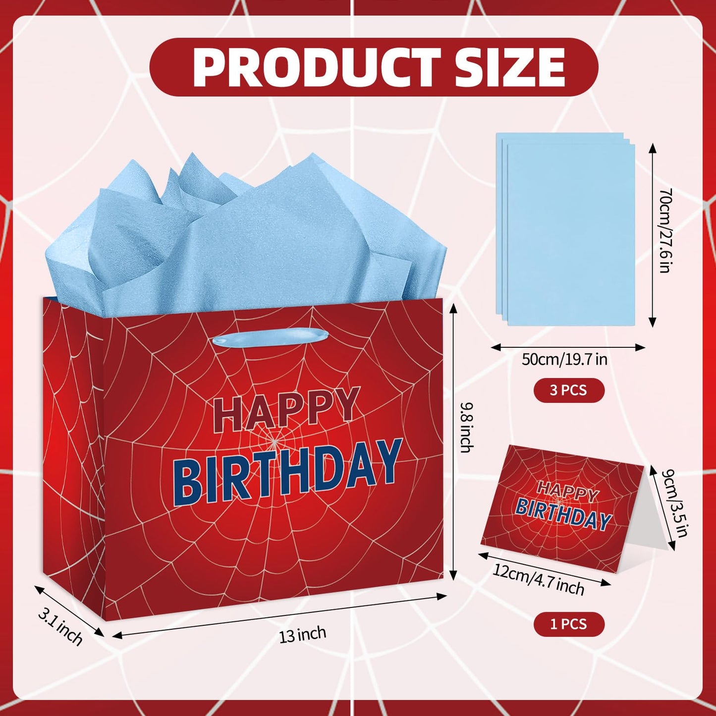 EIGHTSTATES Spider Web Birthday Gift Bag - Red Spider Theme Party Gift Bag with Card & Tissue Paper - Halloween Birthday Decor for Kids, Boys & Girls - Baby Shower Party Decorations Supplies