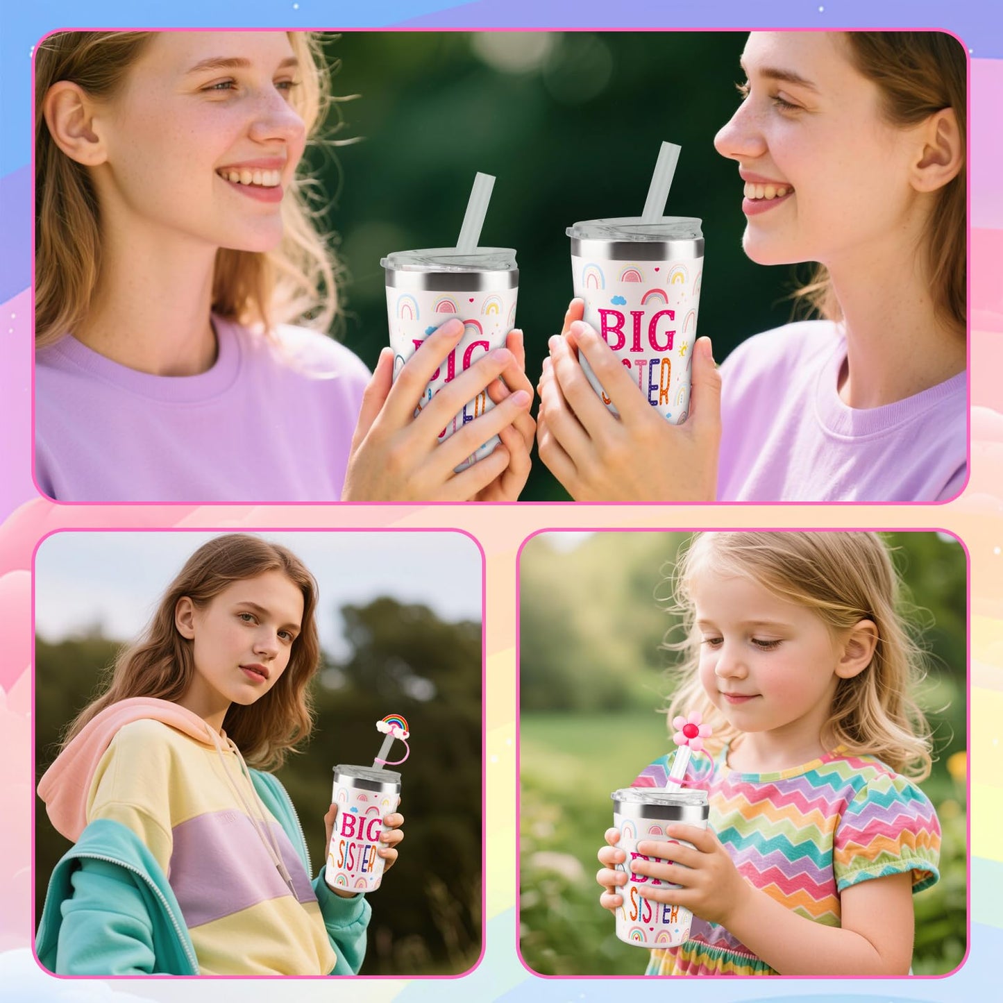 12PCS Big Sister Gifts Set for Girls,12oz Stainless Steel Tumbler With Leakproof Lid and Straw,Cute Silicone Toppers,Sunglasses Bracelet,Canvas Tote Bag for Little Girls Gift Box Set