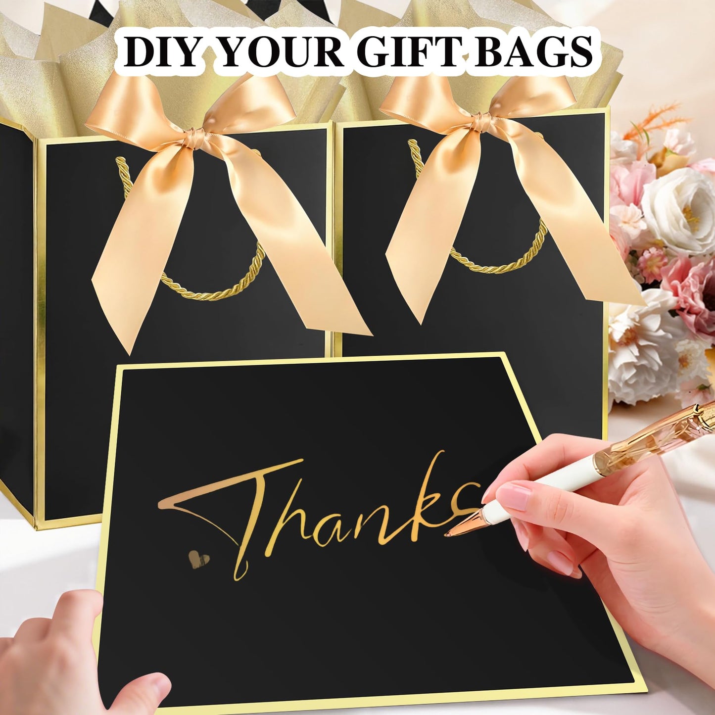 GEGIBOA Gift Bags 3 Pcs Medium Size Paper Gift Bags with Tissue Paper and Handles,Bow Ribbon and Greeting Cards, 8" x 5" x 10", Black