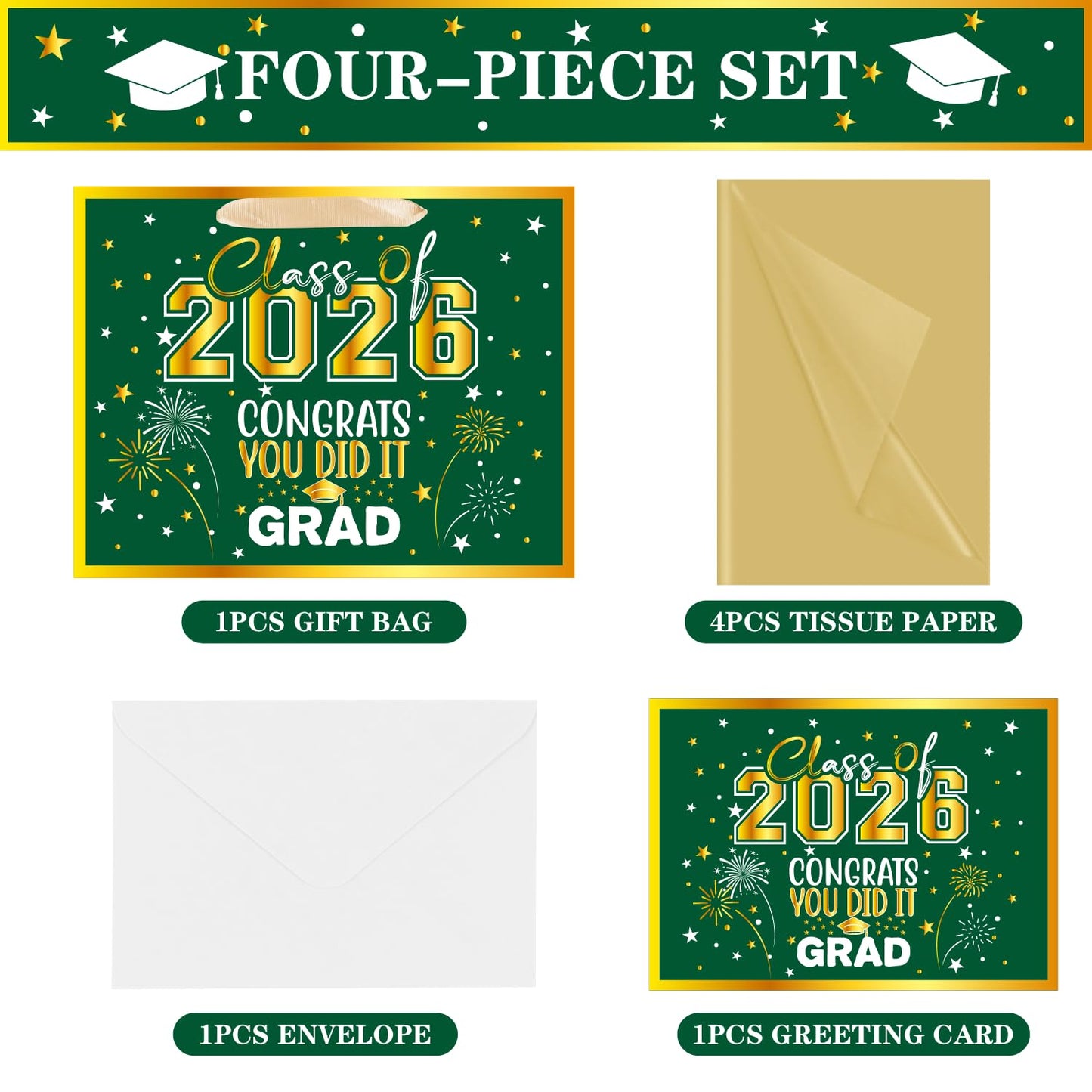 Jaywayang 12.6" Large Green and Gold Graduation Gift Bag, 2026 Congrats Grad Desgin Gift Bag with Tissue Paper and Card for High School, College Graduation Season Theme Party.