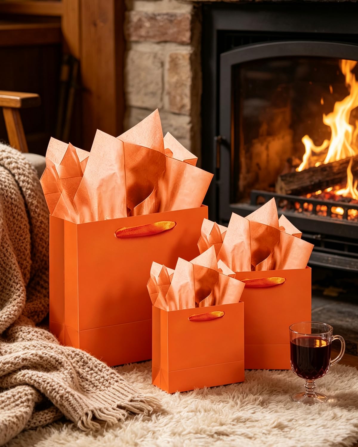 qiqee 10PCS Bright Orange Gift Bags with Ribbon Handles Mulit Assorted Sizes Gift Wide Bags (2pcs Large 13", 4pcs Medium 9.6", 4pcs Small 6.3",Tissue Paper)