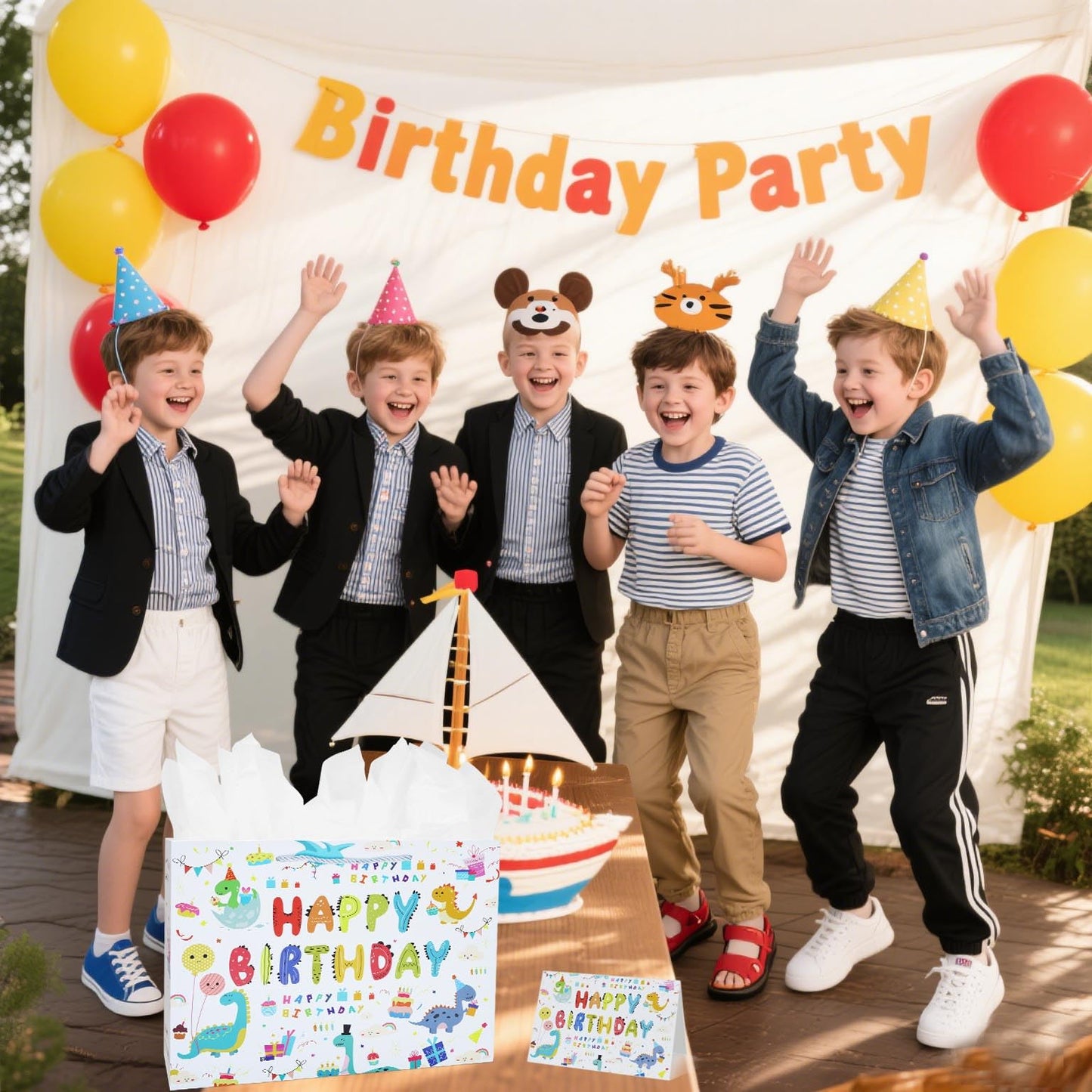 Oletx 13" Dinosaur Gift Bags with Handle,Happy Birthday Party Favor Wrapping Bags with Tissue Paper Greeting Card