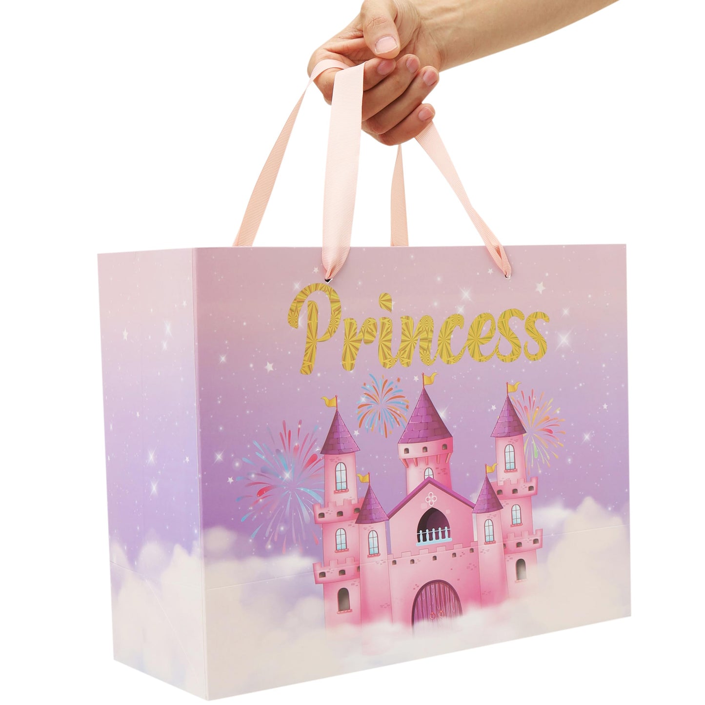 wishinside 13'' Large Princess Gift Bag Set with Handles, Greeting Card, Purple Tissue Papers and Stickers for Women Girls Kids Teens for Birthday Party, Wedding, Anniversary, Castle Design, 1 Pcs
