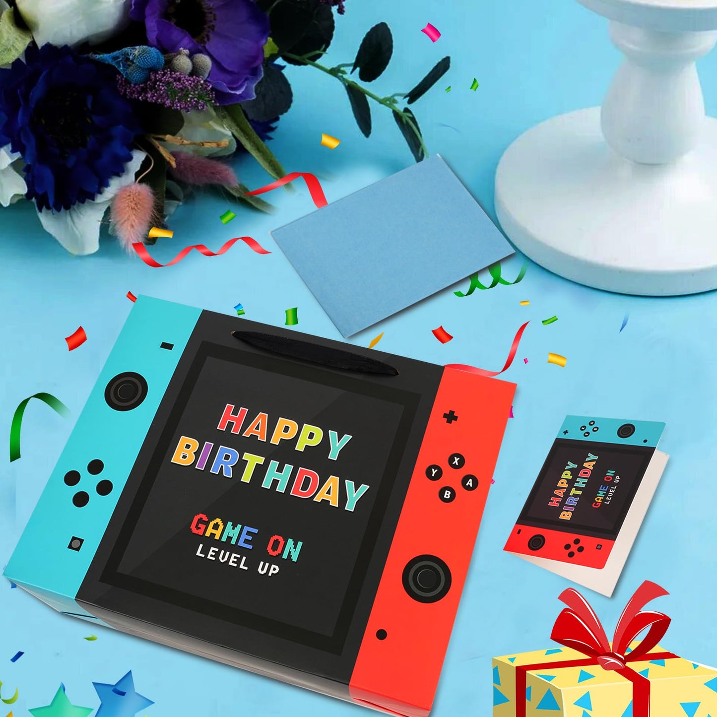 JOARHONAL Video Game Birthday Gift Bag - 13" Large Happy Birthday Gift Bag with Tissue Paper and Card for Boys Kids Video Game Birthday Party Supplies