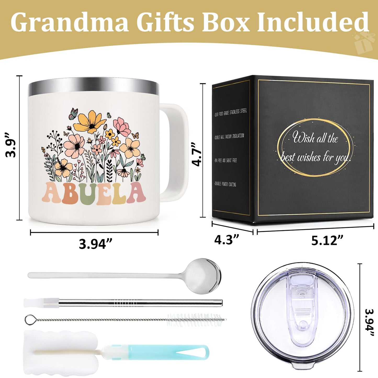 Lifecapido Abuela Gifts, Abuela 14oz Insulated Coffee Mug, Grandma Christmas Birthday Mothers Day Gifts for Abuela Grandma Grandmother, Creamy