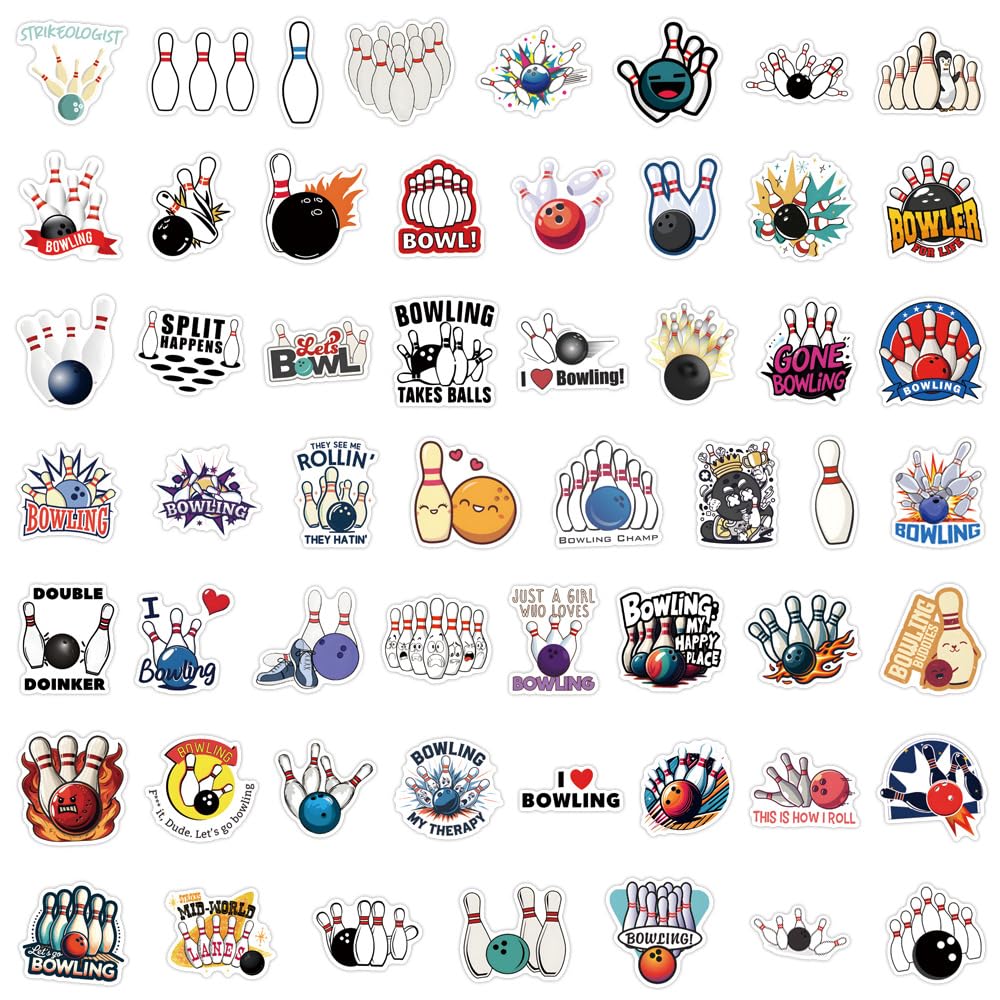 Bowling Stickers Pack, 55PCS Vinyl Waterproof Accessories & Gifts for Girls & Boys, Helmet Decals for Water Bottles,Bowling Sticker for Luggage, Teaching Incentives, Gifts for Kids, Teens and Adults