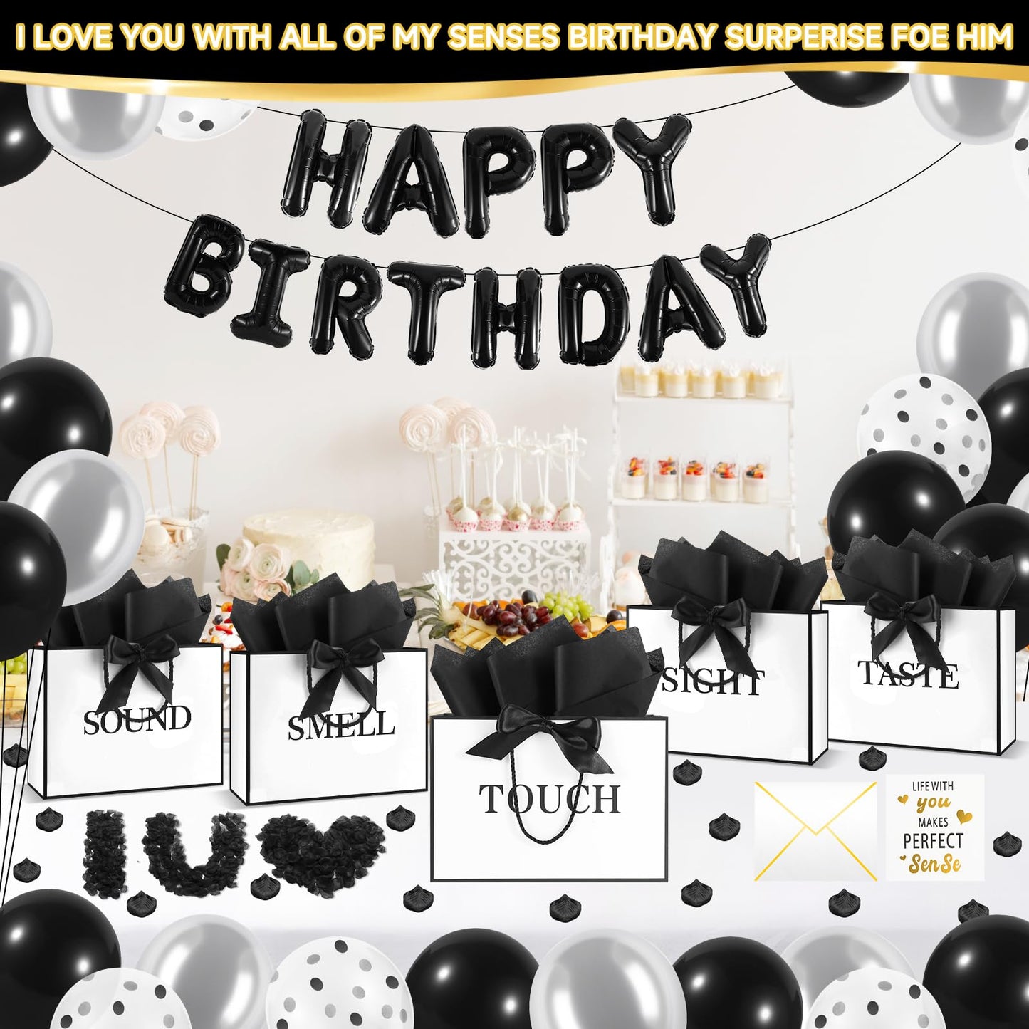 Epoesch 5 Senses Gift Bags for Him with Labels, Tissue Paper & Bow Ribbon | Happy Birthday Decorations Kit with Banner,Balloons, Rose Petals, Envelope, Card for Men, Women and Her (White with black trim)