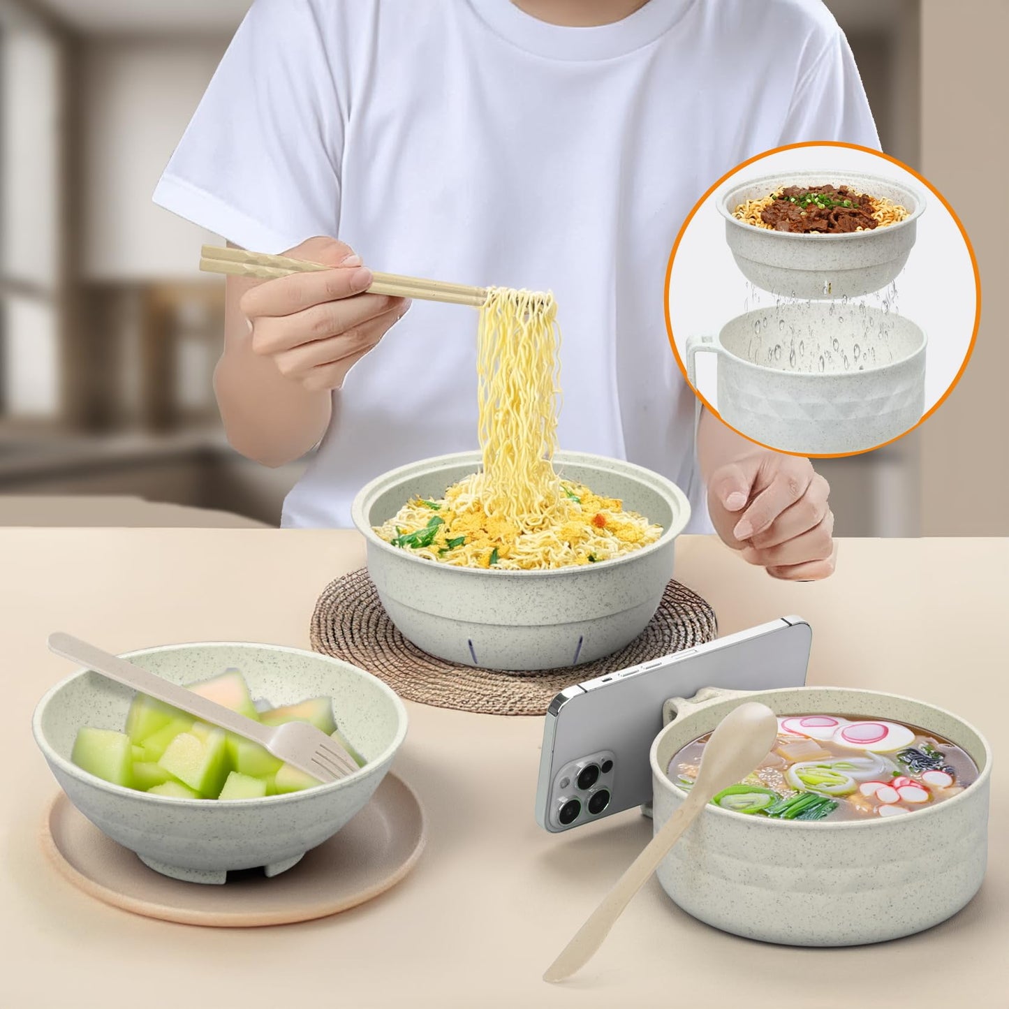Ramen Bowl Set,Microwave Ramen Cooker Instant Noodles Bowl with Chopsticks Spoon,Rapid Ramen Noodle Bowl, Portable Noodle Bowls,for Home Office Dorm Room College gift(Beige)