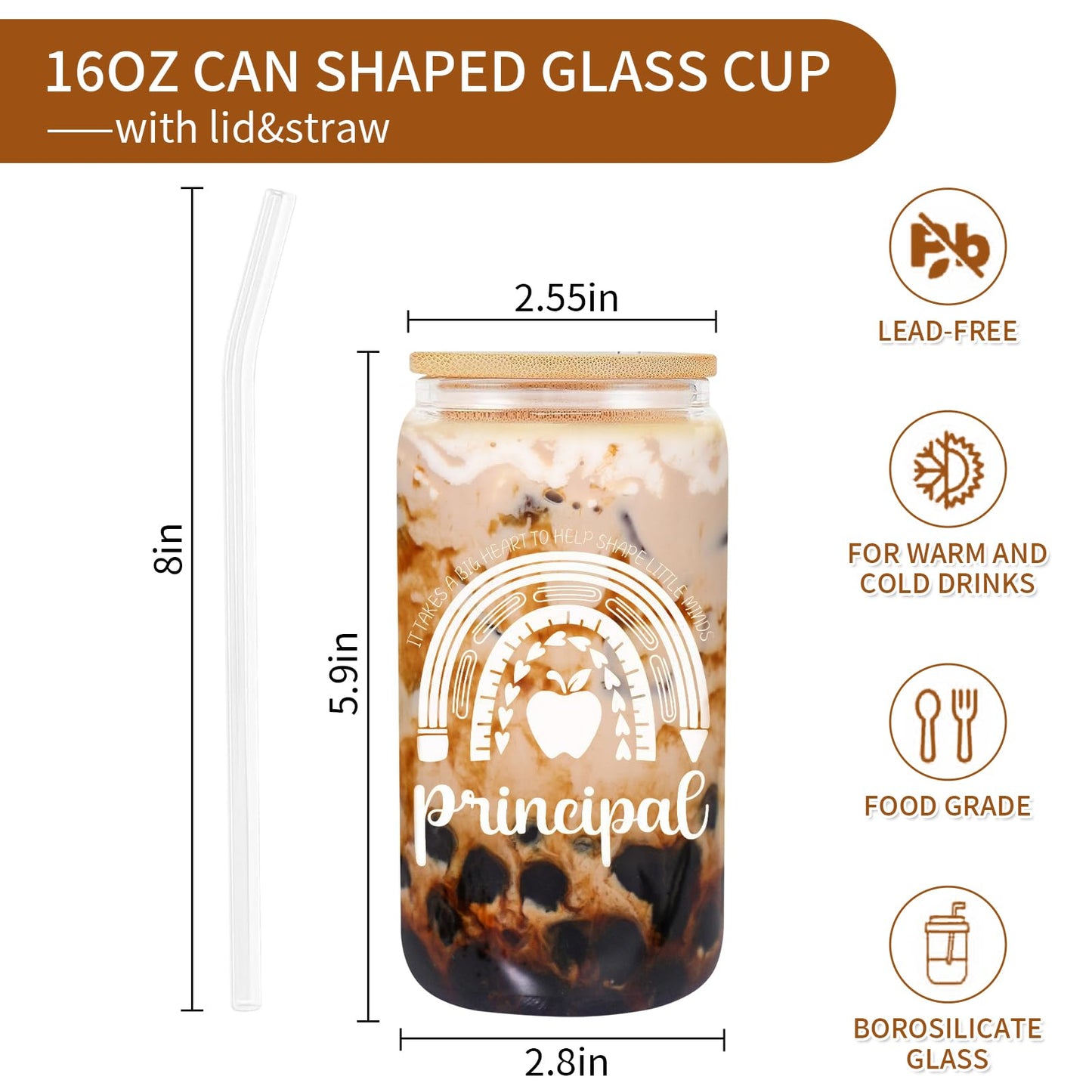 Principal Appreciation Gifts, Principal 16oz Glass Cup, Principal Gifts for Women, Unique Thank you Birthday Retirement Principal Teacher Gift