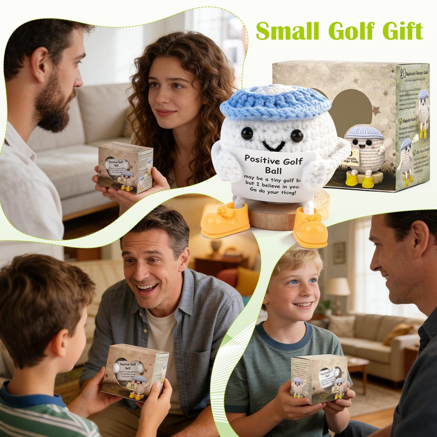 Fathers Day Golf Gifts, Funny Positive Golf Ball, Crochet Golf Ball with 30 Replaceable Cards & Removable Base, Funny Emotional Support Presents for Dad, Men, Women, Golfer Home Office Desk Decor