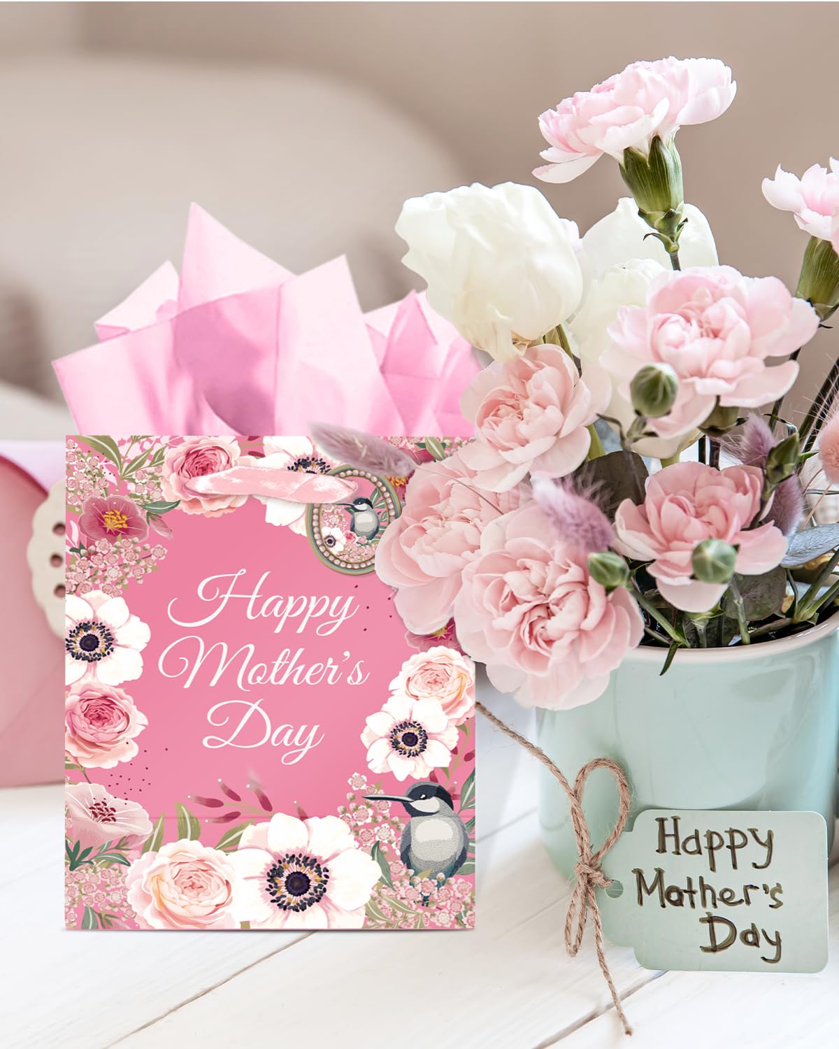 qiqee Mother's Day Gift Bags 4Pcs with Tissue Paper -7.9"x4.3"x9.6" Medium Size Cardboard Gift Bags(4pcs Bags +8pcs Tissue Paper )