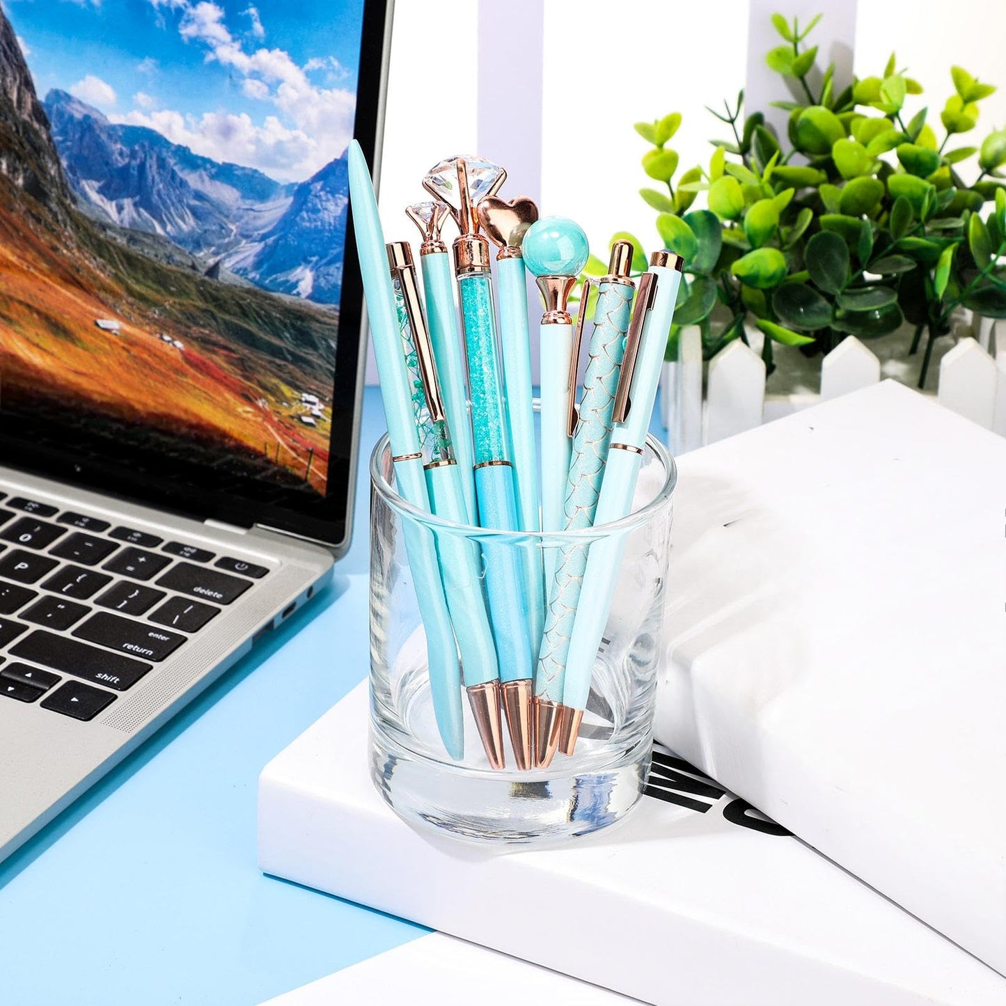 Janmini 9 Pcs Ballpoint Pens Set Metal Crystal Diamond Glitter Pens for Journaling Black Ink Pretty Cute Things Fancy Stationery Gifts for Women Girls Birthday Home Office Desk(Blue)