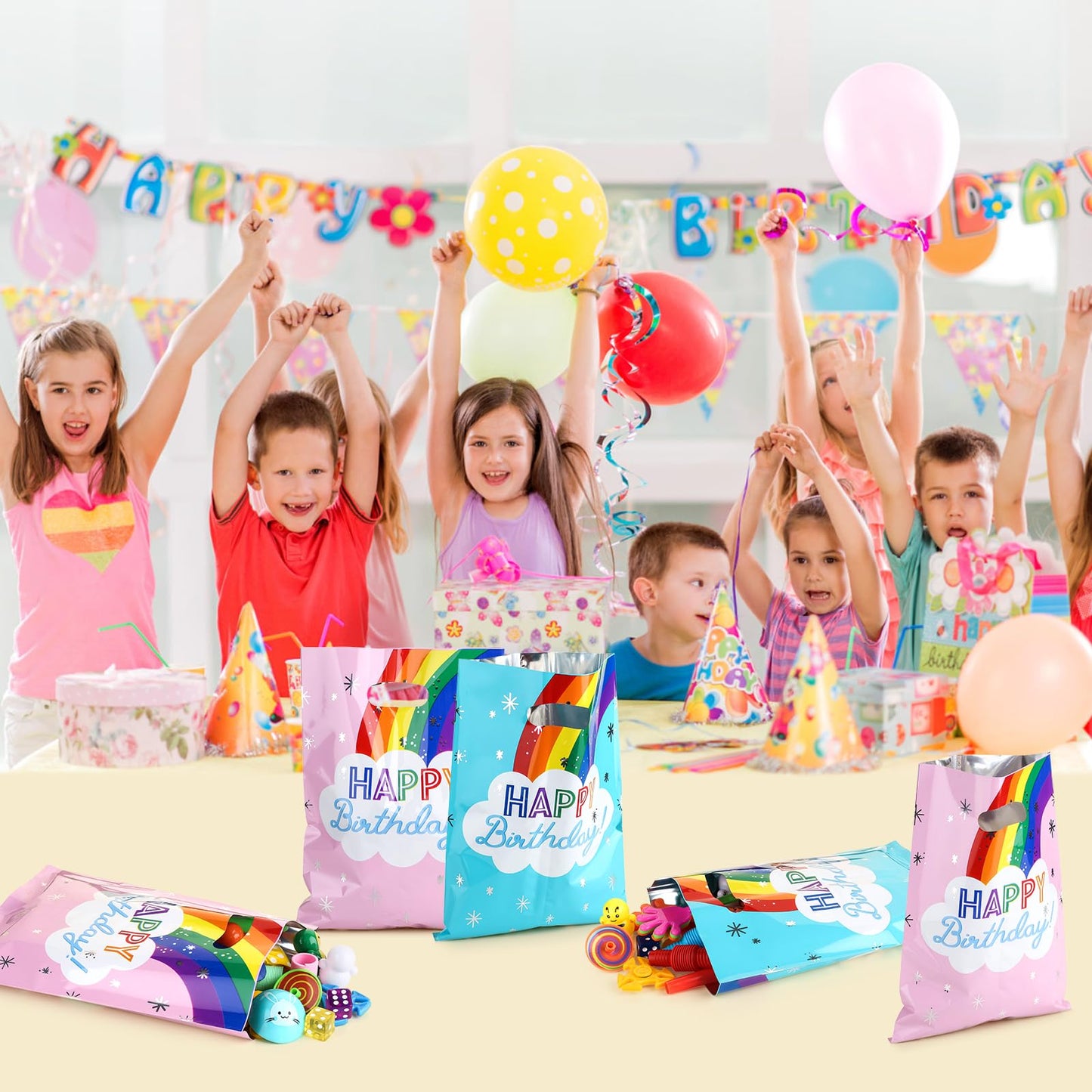 SnortleSnap 40Pcs Rainbow Birthday Party Favor Bags, Rainbow Party Theme Gift Bags, 6.7 x 9.8 Inch Plastic with Handle