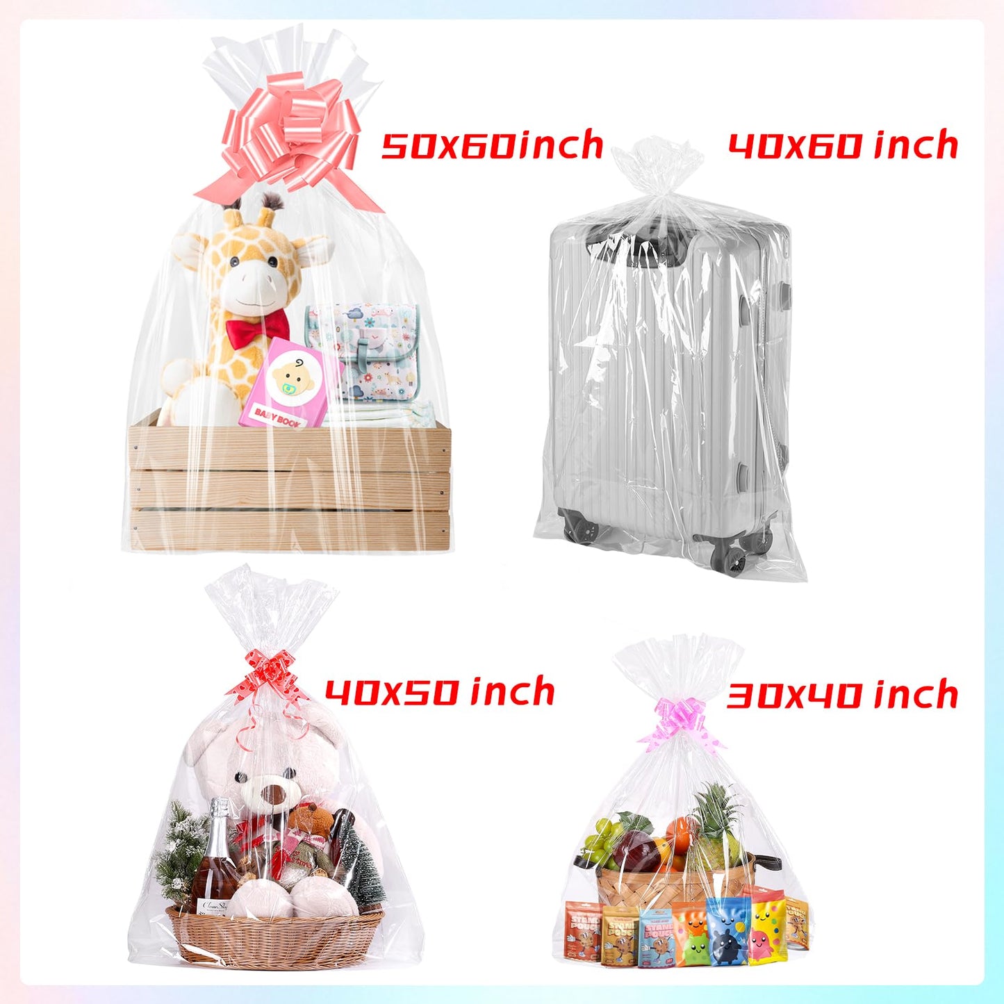 woric 6PCS Jumbo Huge Cellophane Gift Bags 50x60 Inch Extra Large Cellophane Wrap for Bathtub Baby Shower Birthday Graduation Gifts Baskets Stuffers