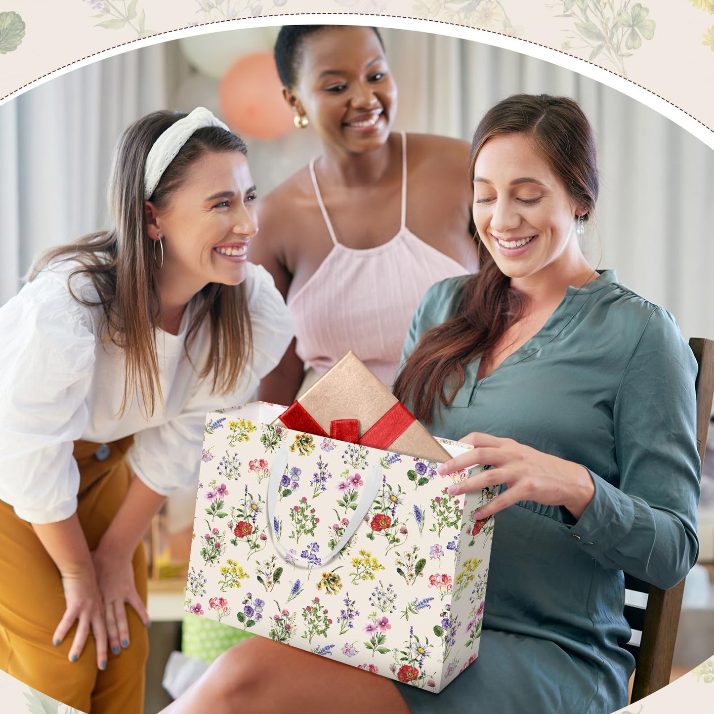 Maitys 12 Pack 12.6" Large Wildflower Gift Bags with Tissue Papers and Greeting Cards Elegant Flowers Floral Gift Wrapping Bags for Wedding Bridal Showers Birthday Baby Shower Party Decorations