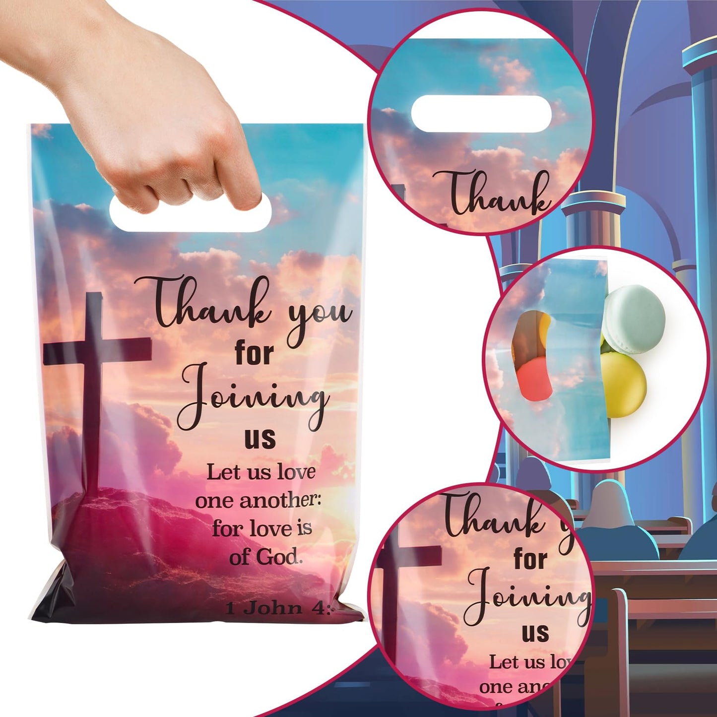 Hooqict 50PCS Welcome to Our Church Bags Plastic Christian Gift Bags with Handle Church Gift Treat Goodie Candy Party Favors Bag for Birthday Religious Baptism Party Decorations Supplies