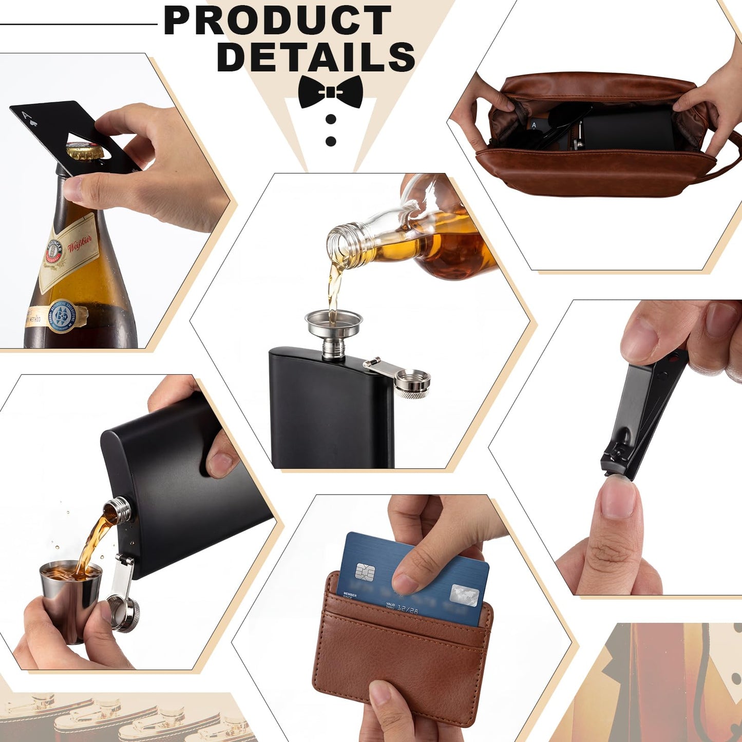 Suclain 60 Pcs Groomsmen Proposal Gift 6 Leather Toiletry Bag 6 Card Bag 6 Manicure Set 6 Stainless Steel Hip Flask Set 6 Poker Bottle Opener 6 Sunglasses 6 Knifes 6 Groomsmen Gift Bags