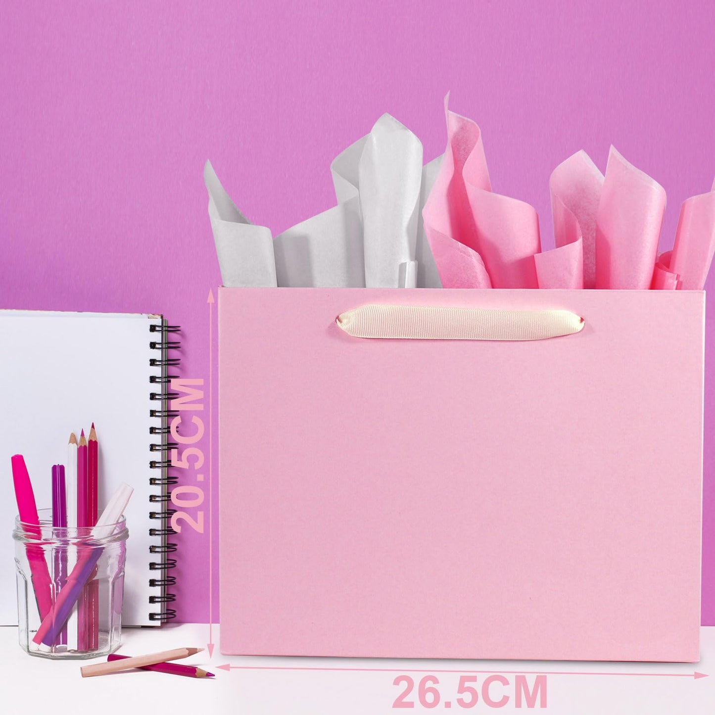 Padiaet 6 Pack Medium 10.5"x4"x8.1" Pink Gift Bags with Tissue Papers, Kraft Shopping Bags with Ribbon Handles, Retail Wrapping Set for All Occasions