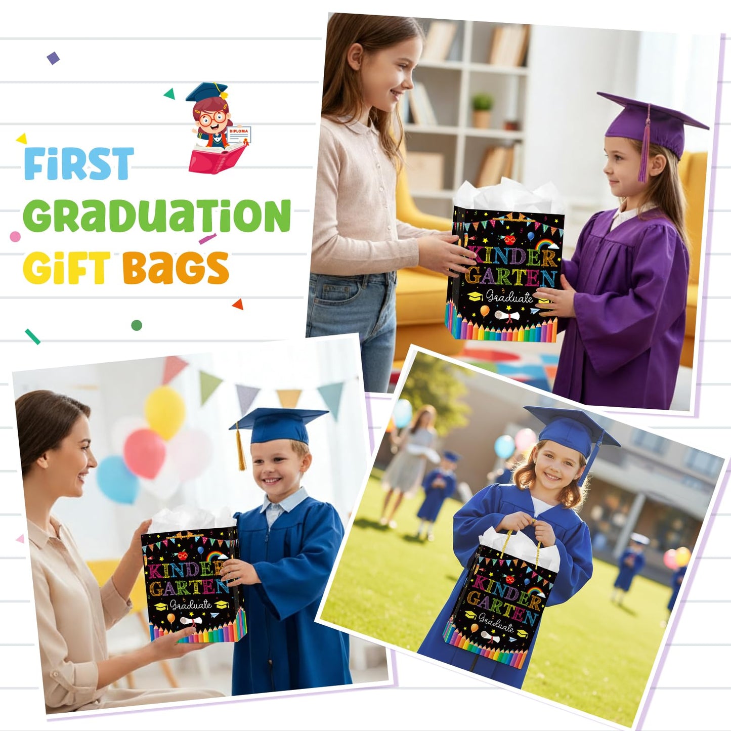 WhatSign Kindergarten Graduation Gift Bags - Graduation Bags for Kids 11.5" Medium Preschool Pre K Gift Bag with Tissue Paper and Handle Party Favor Bag for Boys Girls
