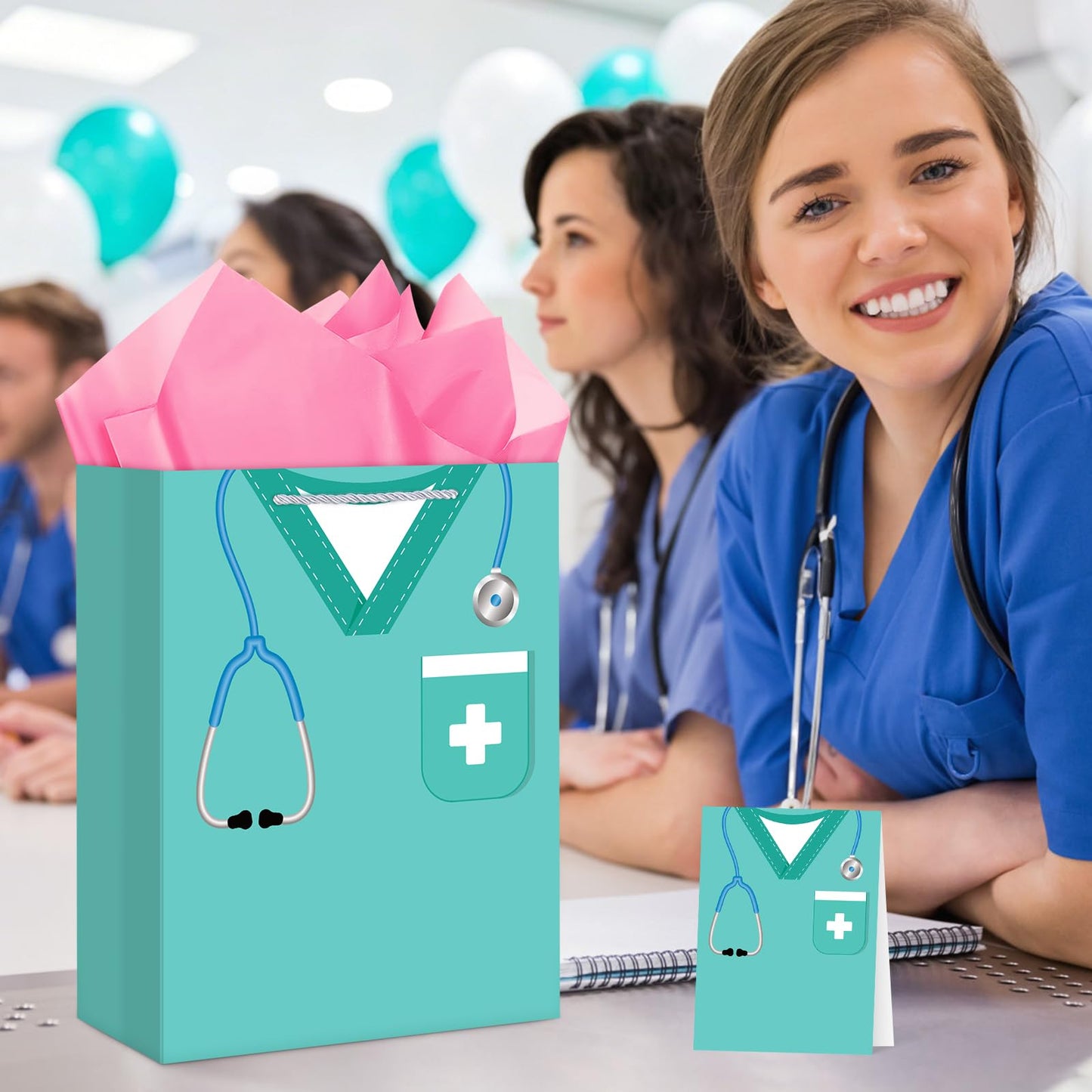 Hooqict Large Nurse Graduation Gift Bag Nurse Gift Wrap Bag with Handles, Tissue Paper, Greeting Cards for Her Women New Grad Nursing Student Medical School Graduation Party Gifts Supplies