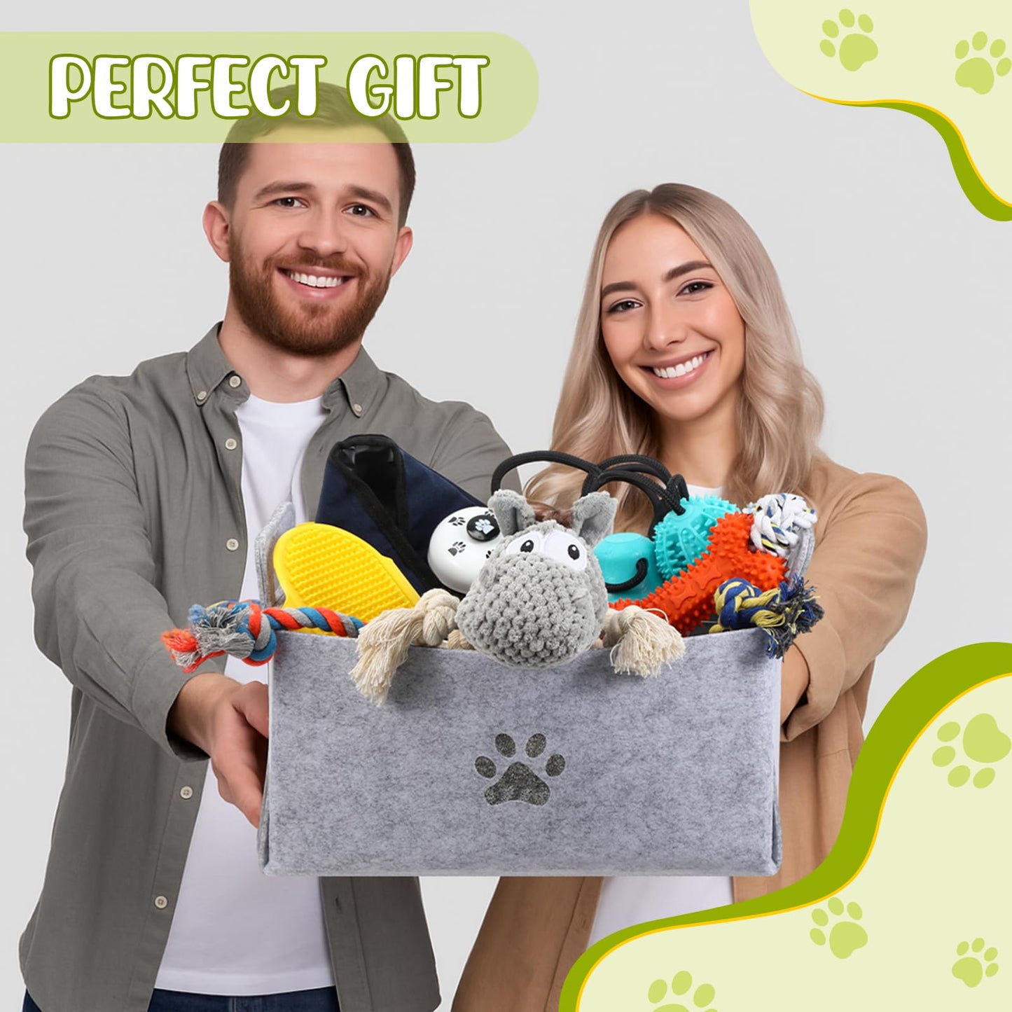 Zopeal New Puppy Gift Basket Dog Toy Pet Accessories Portable Travel Bowl, Grooming Brush, Squeaky Toy, Suction Cup Feeder, Chew Ropes, for Dog Birthday Gifts Puppy Necessities