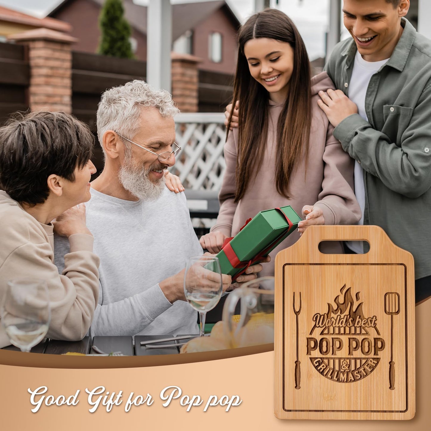 AceThrills Pop Pop Gifts for Pop Pop Christmas Gifts for Birthday, Fathers Day - 12.2"L × 8.7"W × 0.4"Th Engraved Bamboo Cutting Board
