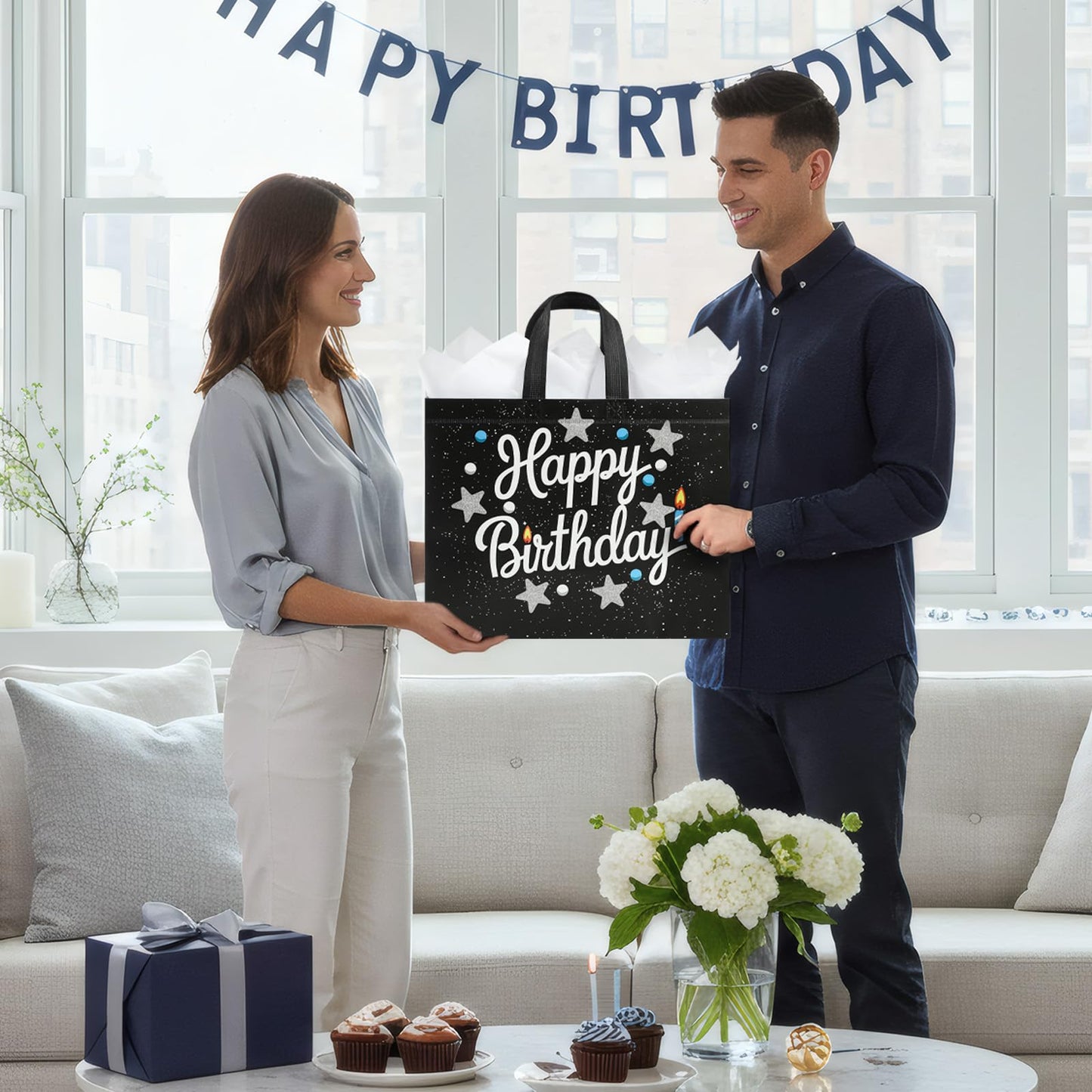 STYPOP 2 Pack 13" Large Birthday Gift Bags with Tissue Paper & Cards, Reusable Non-Woven Happy Birthday Bags with Handles, Perfect Gifts for Men, Boy, Kids, 12.8" x 10.2" x 6.3"