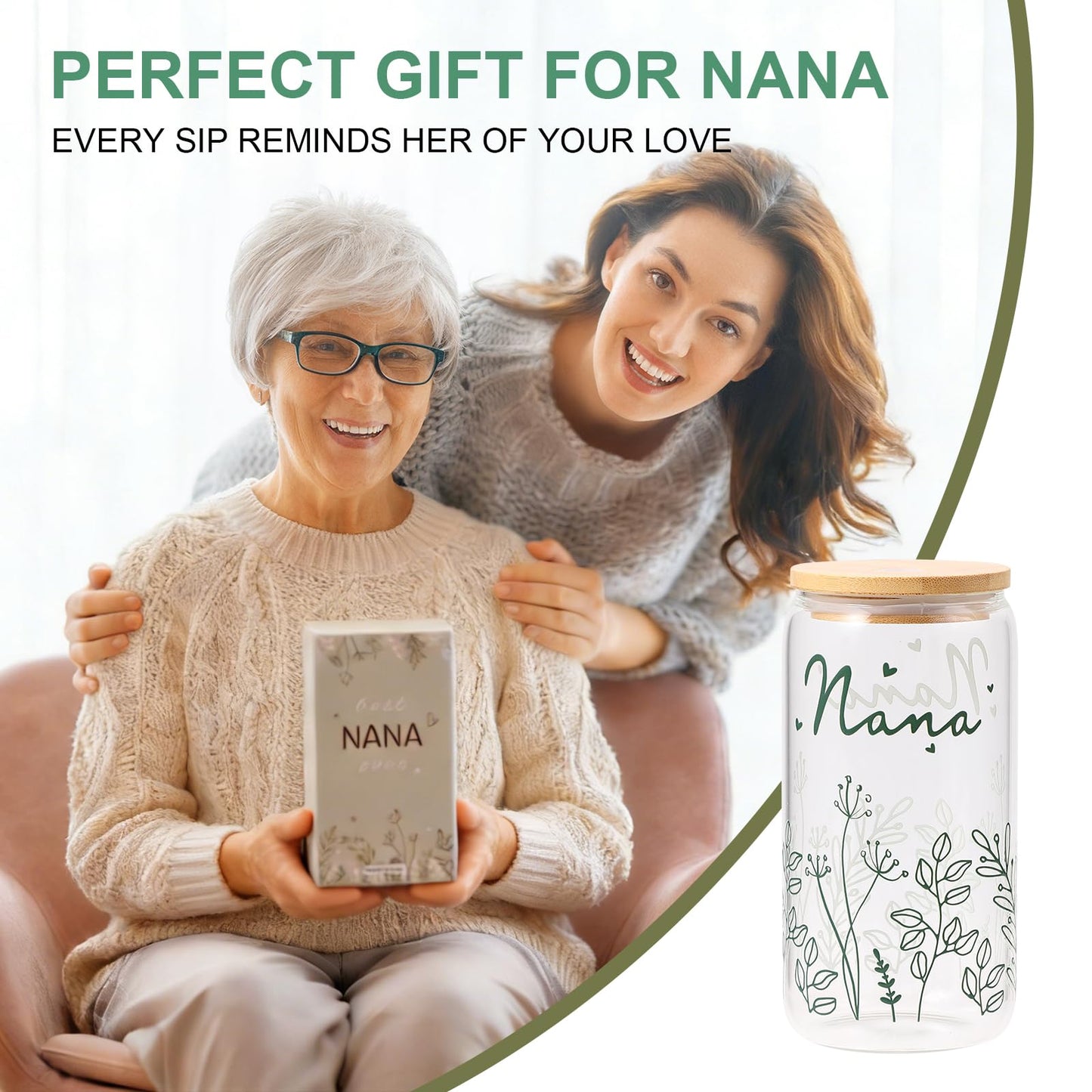 Gifts for Nana-Bow Glass Cup Nana Gift Cute Iced Coffee Cup with Lids and Straws for Grandma Birthday Gifts Mother day Grandmother Presents Stuff from Granddaughter Grandson Grandkids 16OZ