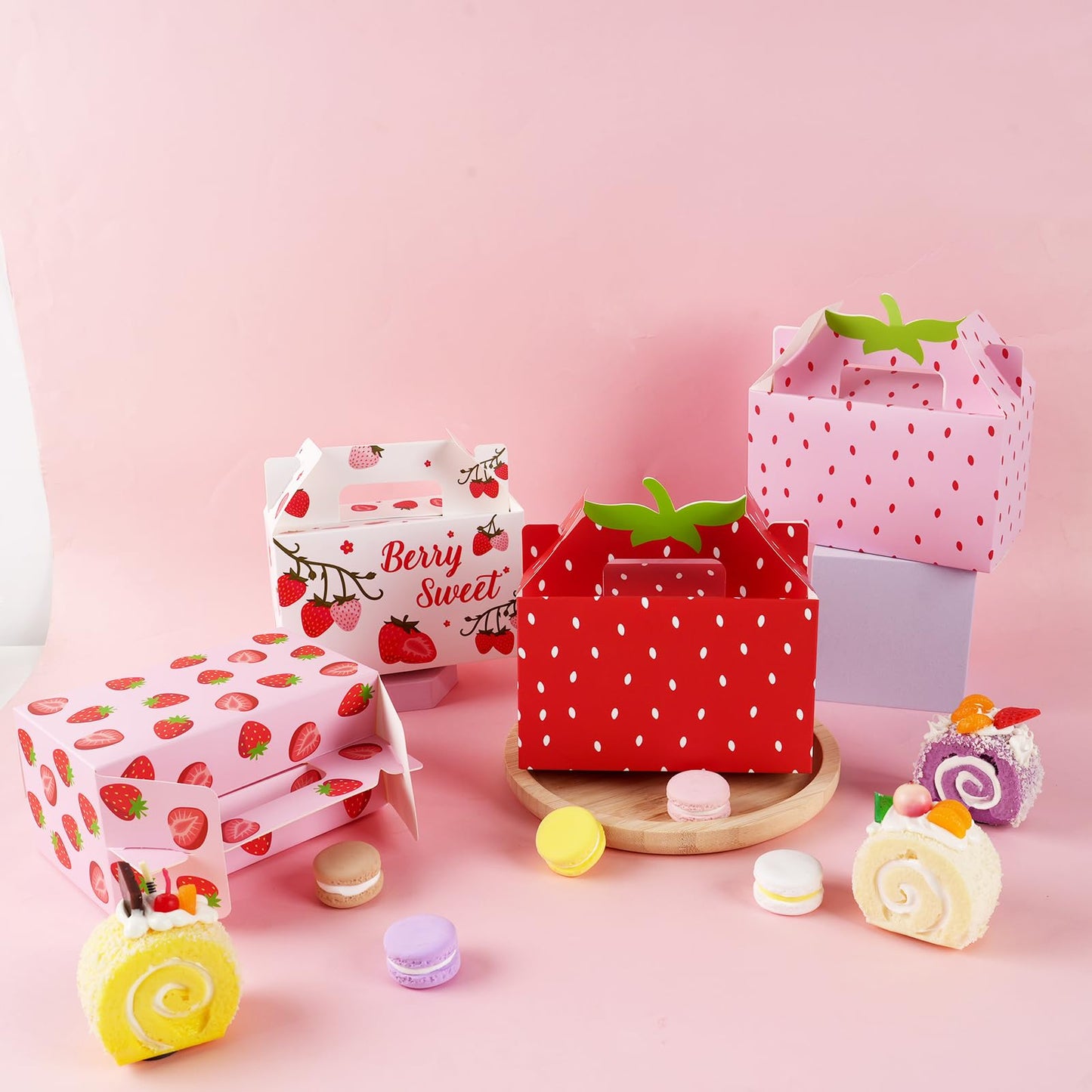 GRADESIN Strawberry Box for Party Favors, 24 Pcs Strawberry Gift Candy Treat Boxes Bags for Berry First Birthday Baby Shower Party Decor Supplies, 6.3 x 3.2 x 3.9 Inch