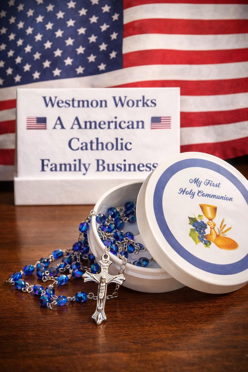 Westmon Works First Communion Rosary Set Blue Glass Beads in a Protective Case with Matching Holy Prayer Card