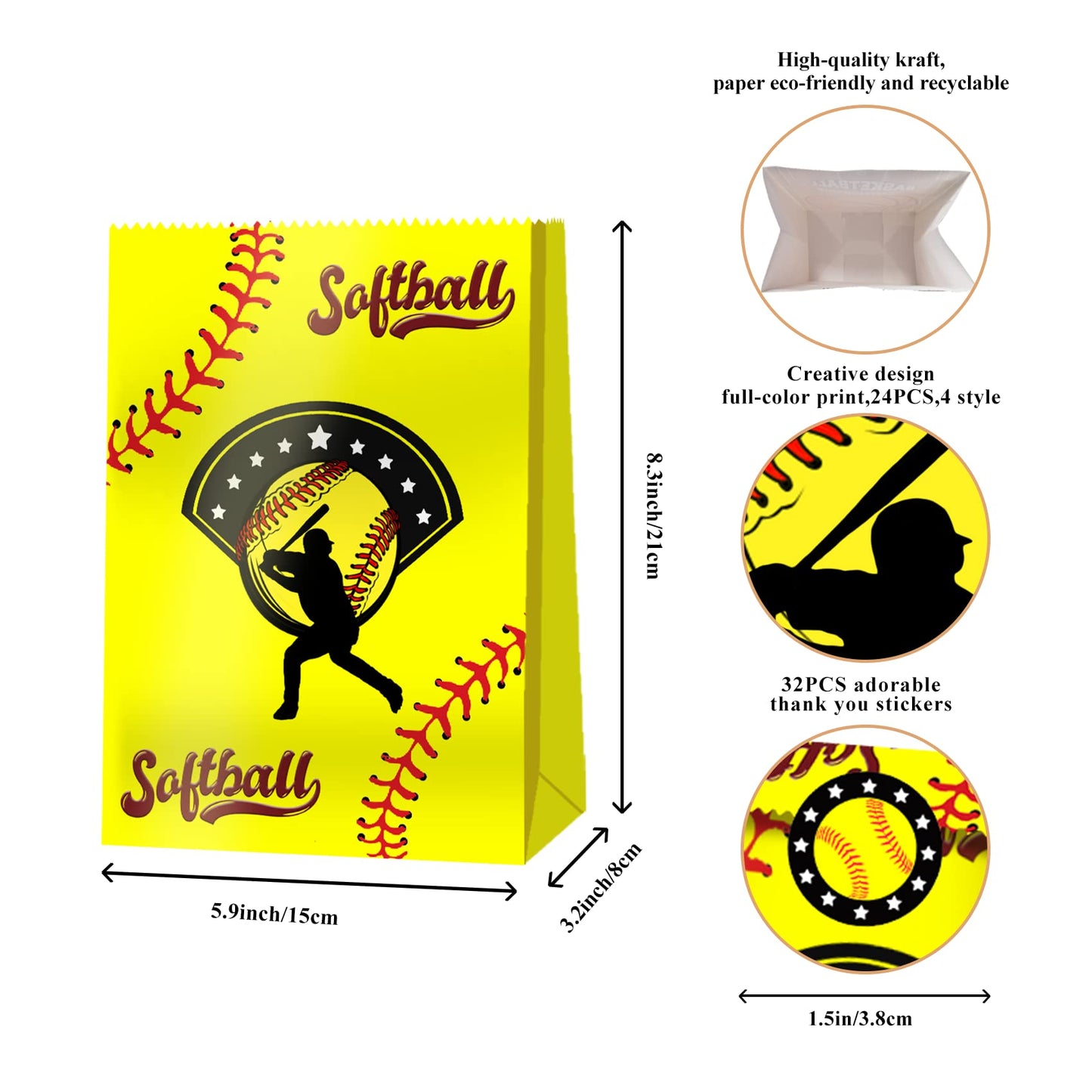BQK 24 PCS Softball Gift Bags Softball Goodie Bags Softball Treat Bags for Softball Birthday Party Supplies Softball Snack Bags for Girls Team Boys Kids
