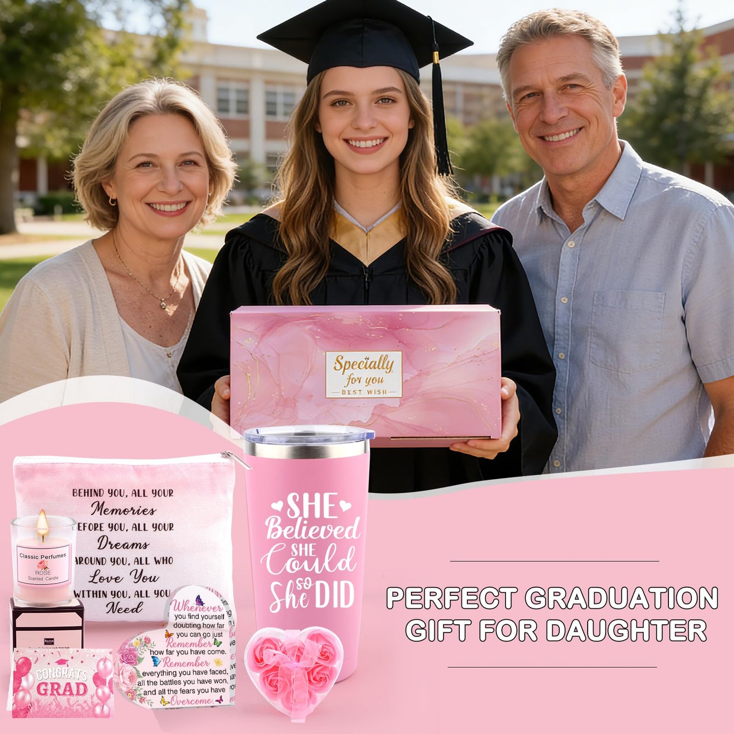 Graduation Gift for Her 2026, 8-in-1 Congratulations Gifts for Women with 20oz Insulated Tumbler, Rose-Scented Candle, Makeup Bag, High School/College Graduation Gifts for Daughter Sister Friend