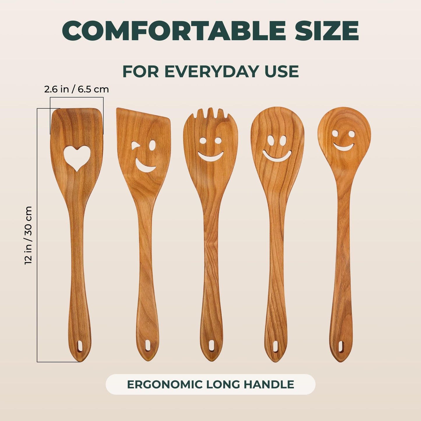 MFC 5-Piece Wooden Cooking Spoons - Kitchen Set from Natural Cherry Wood - Wooden Spoons for Cooking - Funny Utensil Set with Smiley Faces - Cooking Multipurpose Wood Utensils