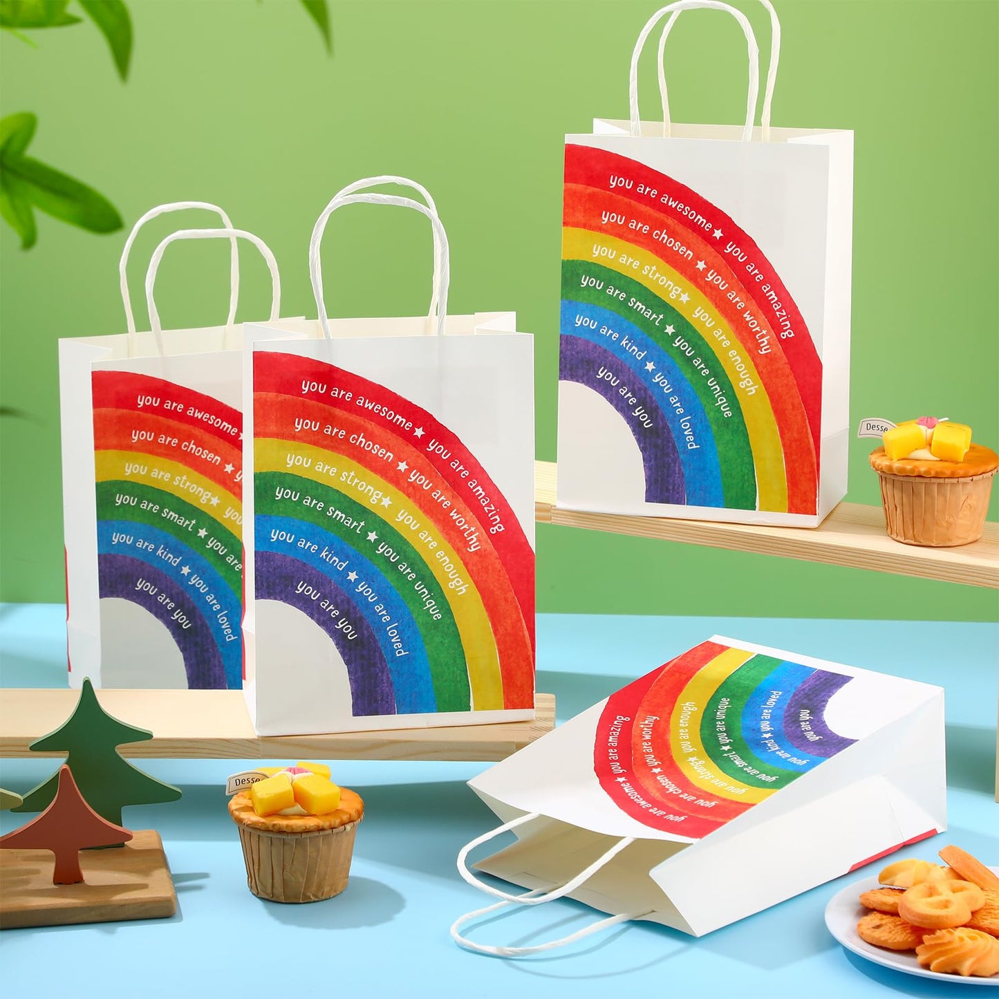 Coume 12 Pcs End of The Year Gifts Bags for Students Bulk Inspirational Colorful Paper Bags with Handle for Primary School Classroom Prize Kindergarten Preschool, 5.9 x 3.15 x 8.27 Inch (Rainbow)