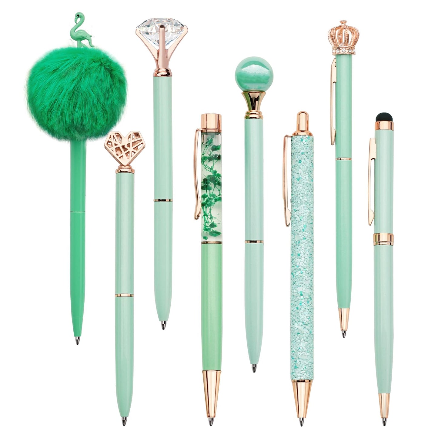 WEMATE 8Pcs Metal Crystal Diamond Ballpoint Pens Set - Glitter Green With Black & Blue Ink - Bling Fancy Gifts for Women, Wedding, School, Office Desk